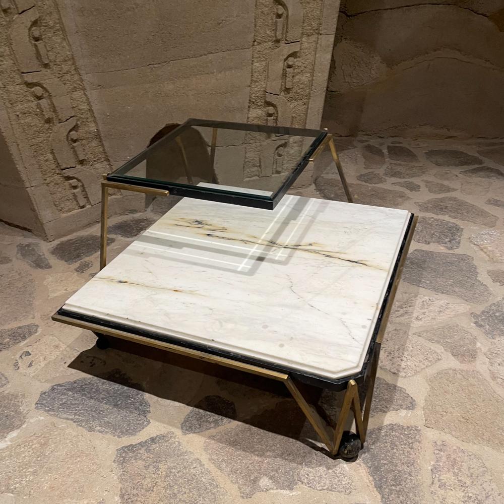 1950s Arturo Pani Mexico Corner Table in Marble Beveled Glass Bronze In Good Condition For Sale In Chula Vista, CA