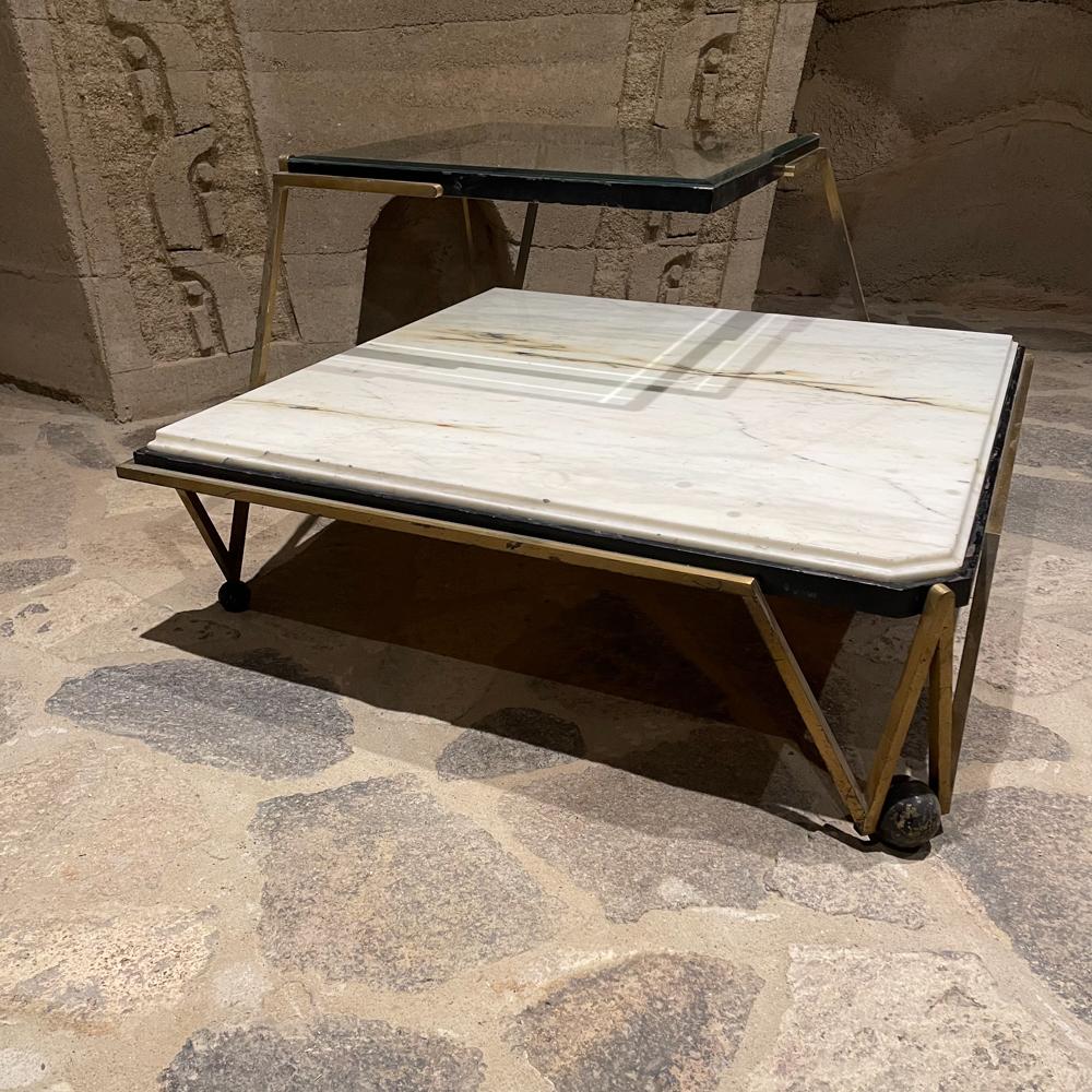 Mid-20th Century 1950s Arturo Pani Mexico Corner Table in Marble Beveled Glass Bronze For Sale