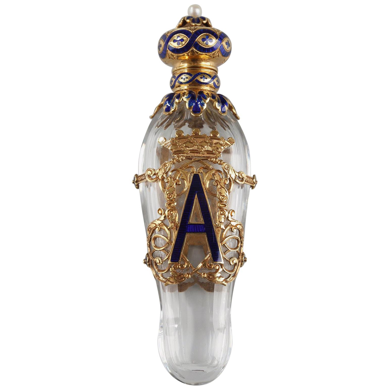 Exceptional Crystal Flask with Enameled Gold Box, Late 19th Century For Sale