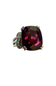 Exceptional Cushion 12.38 Carat Rhodolite Garnet Platinum Diamond Cocktail Ring