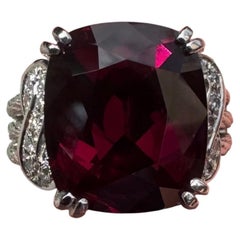 Exceptional Cushion 12.38 Carat Rhodolite Garnet Platinum Diamond Cocktail Ring