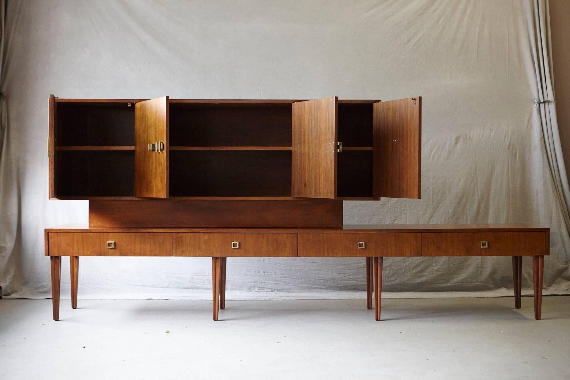 American Custom Made Walnut Sideboard or Credenza with Brass Hardware, circa 1940s For Sale