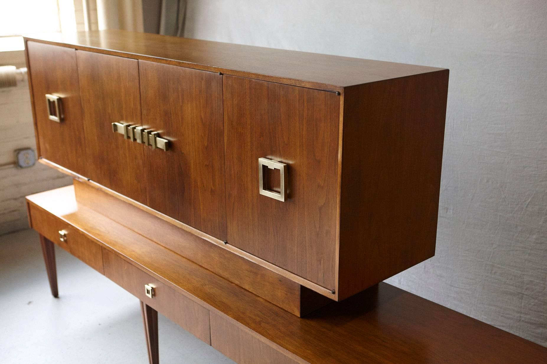 Mid-20th Century Custom Made Walnut Sideboard or Credenza with Brass Hardware, circa 1940s For Sale