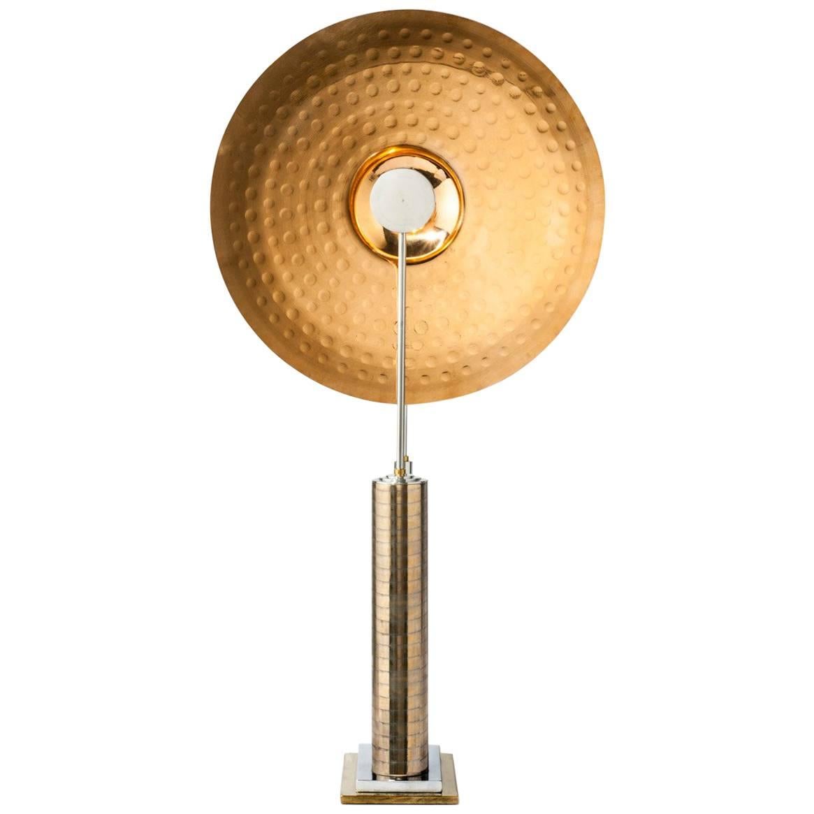 Exceptional Cymbal Table Lamp Sculpture in Brass and Bronze by F de Beauchaine For Sale