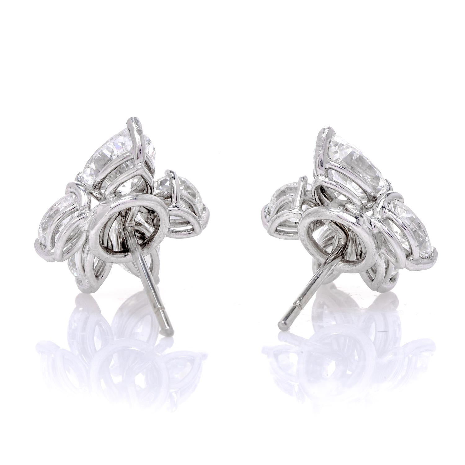 Modern Exceptional D Color 3.82cts Pear Diamond Cluster Platinum Stud Earrings