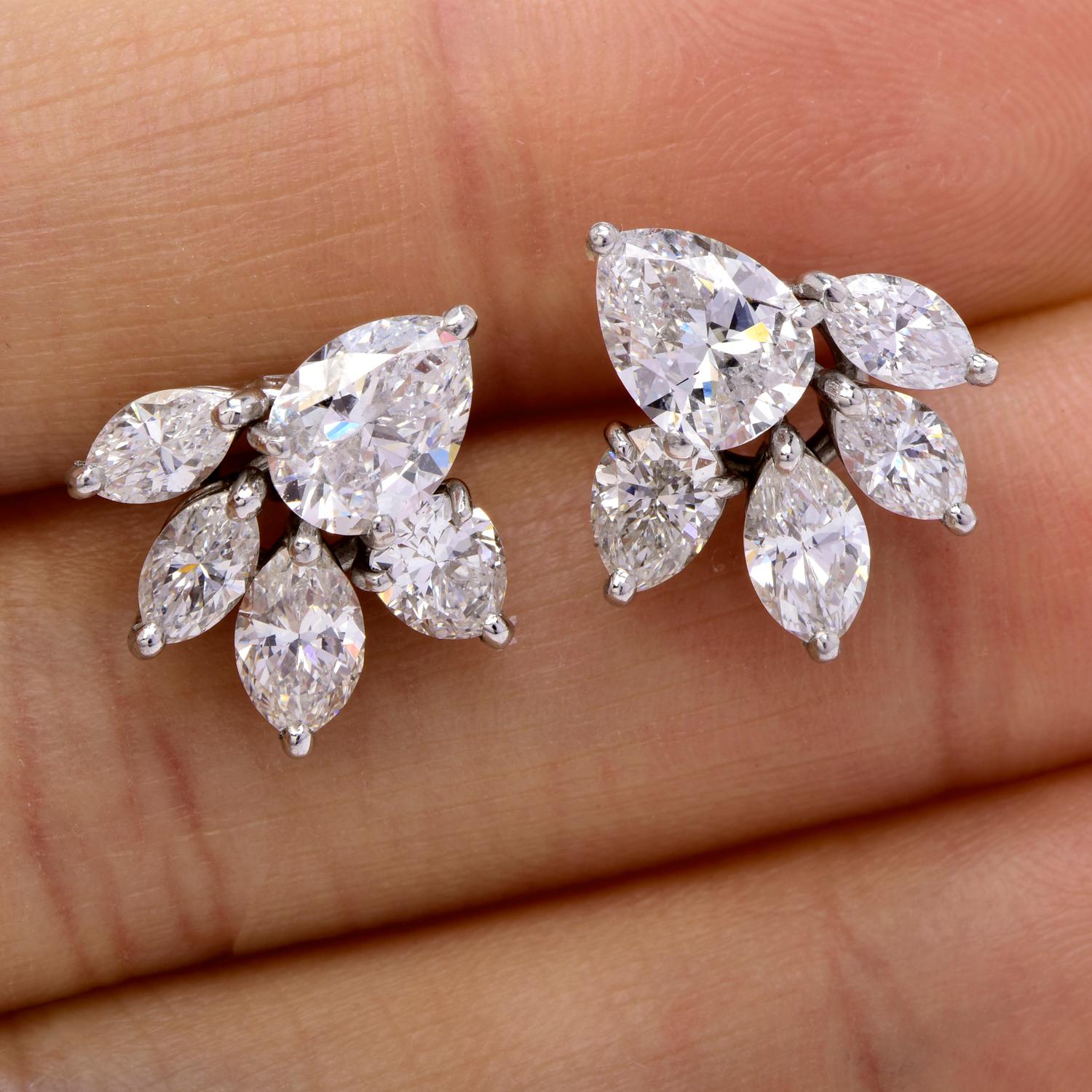 Pear Cut Exceptional D Color 3.82cts Pear Diamond Cluster Platinum Stud Earrings