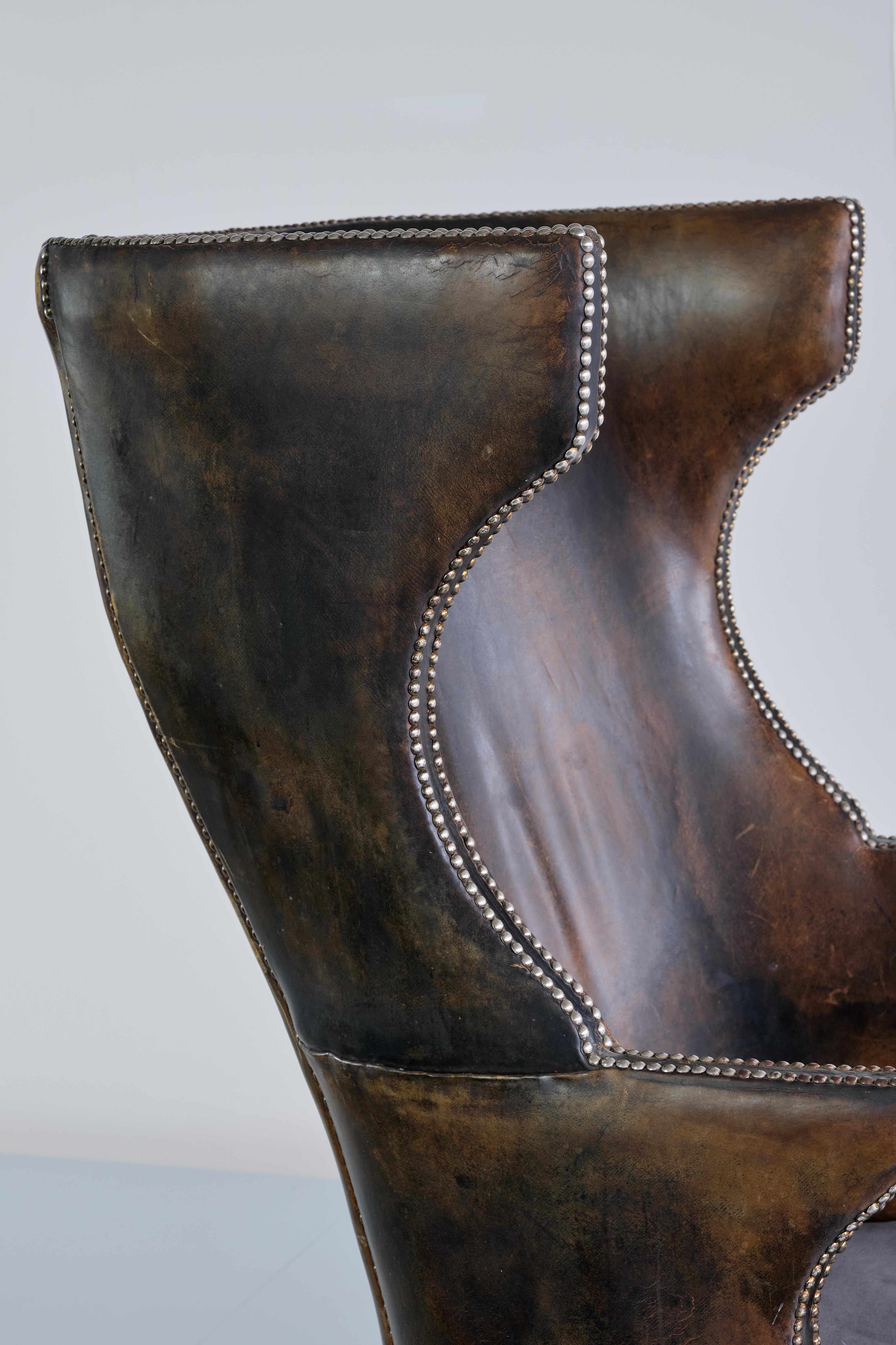 Exceptional Danish Cabinetmaker Wingback Chair in Leather and Beech, 1930s 10