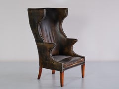 Exceptional Danish Cabinetmaker Wingback Chair in Leather and Beech, 1930s
