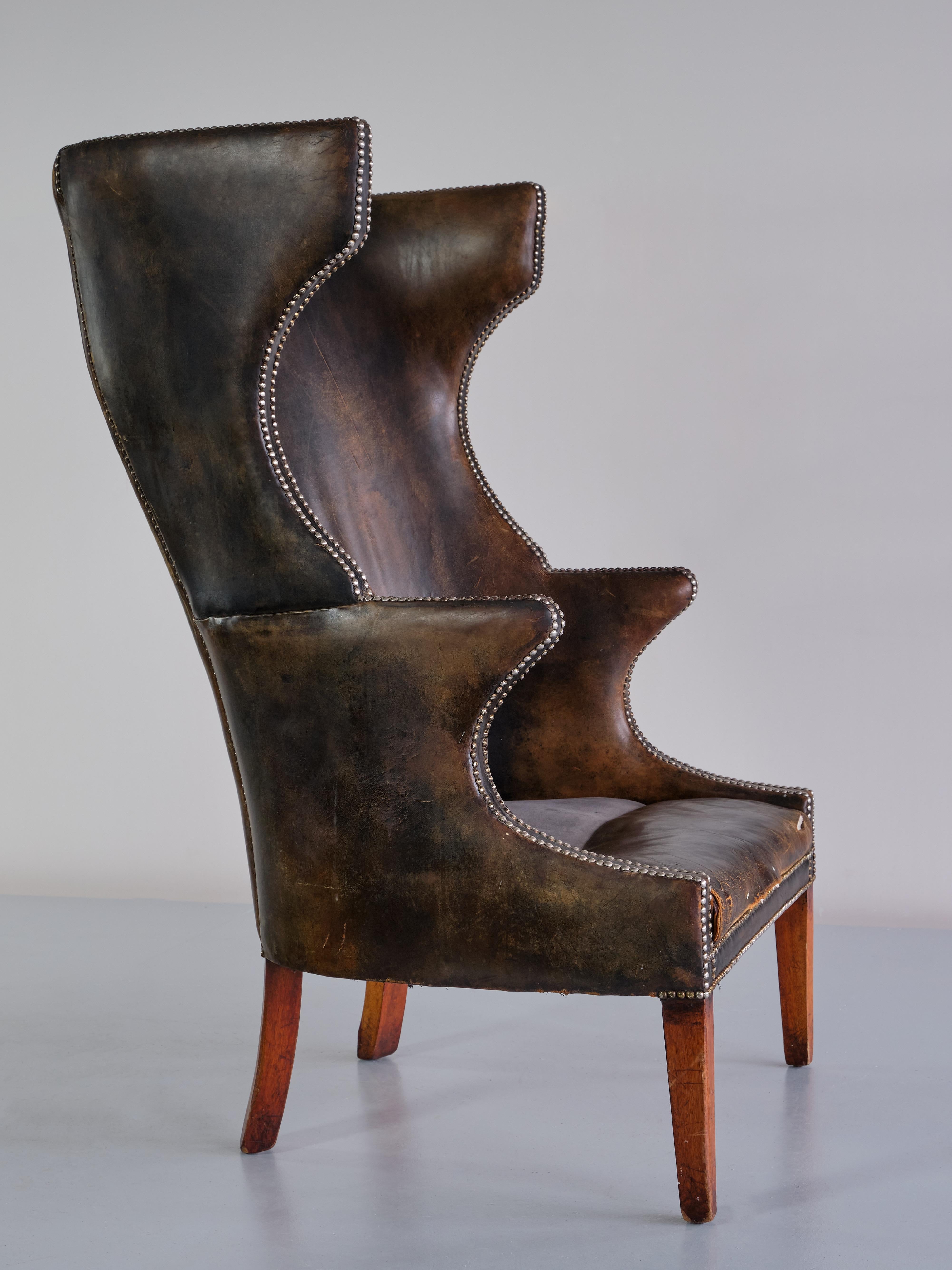 Exceptional Danish Cabinetmaker Wingback Chair in Leather and Beech, 1930s In Fair Condition In The Hague, NL
