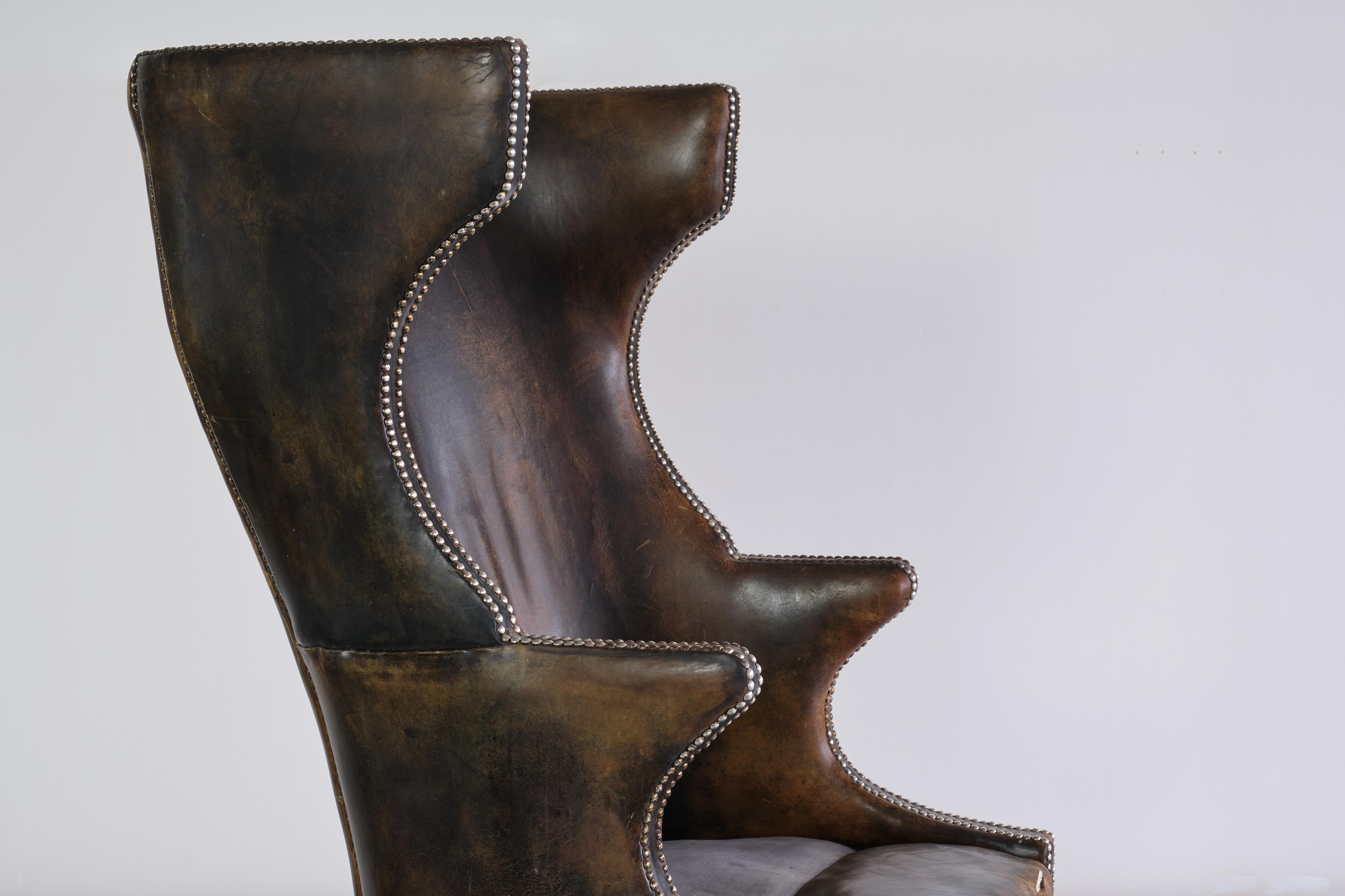 Mid-20th Century Exceptional Danish Cabinetmaker Wingback Chair in Leather and Beech, 1930s