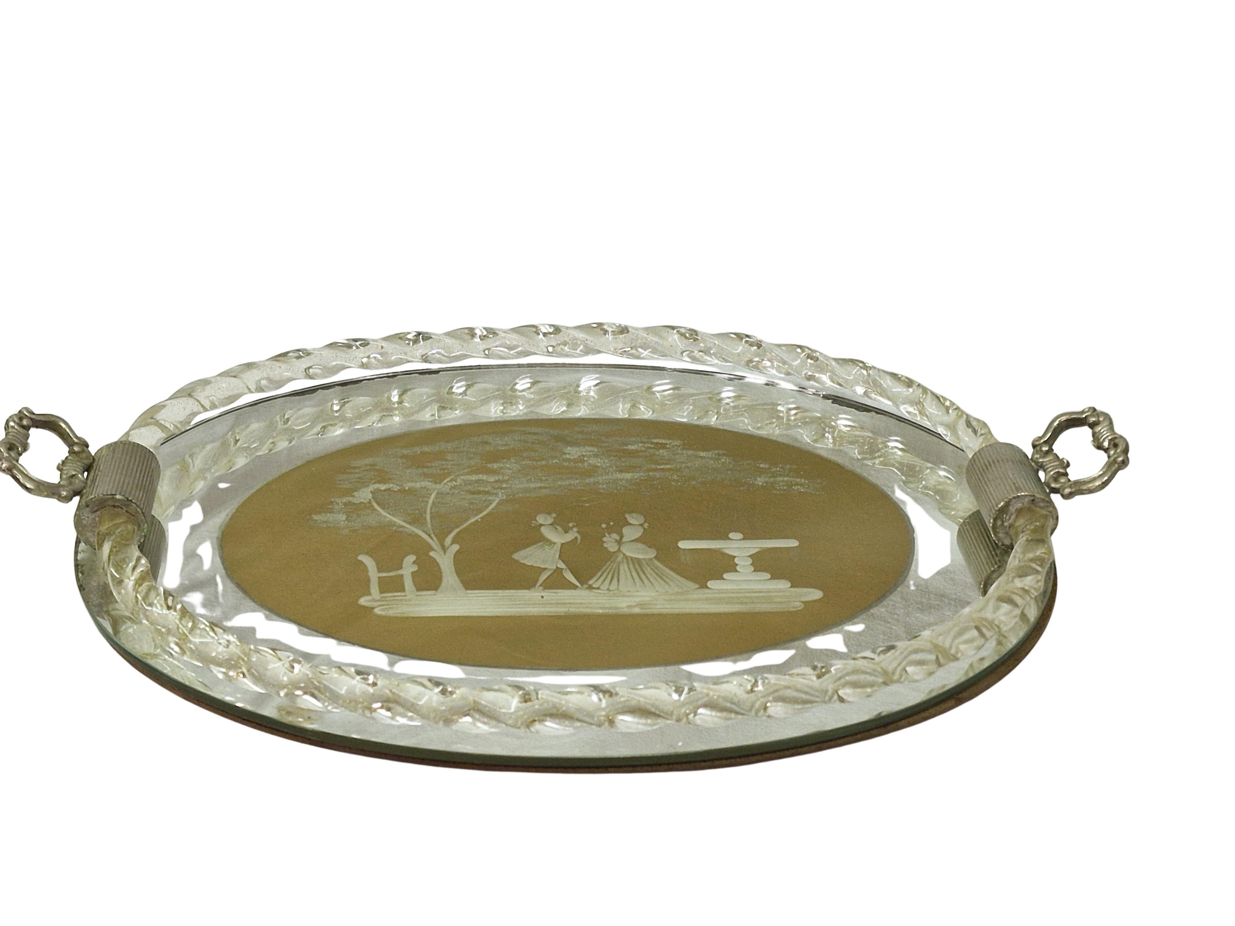 italien Exceptionnel plateau décoratif en miroir, verre taillé à la main, années 1970, Murano, Italie en vente