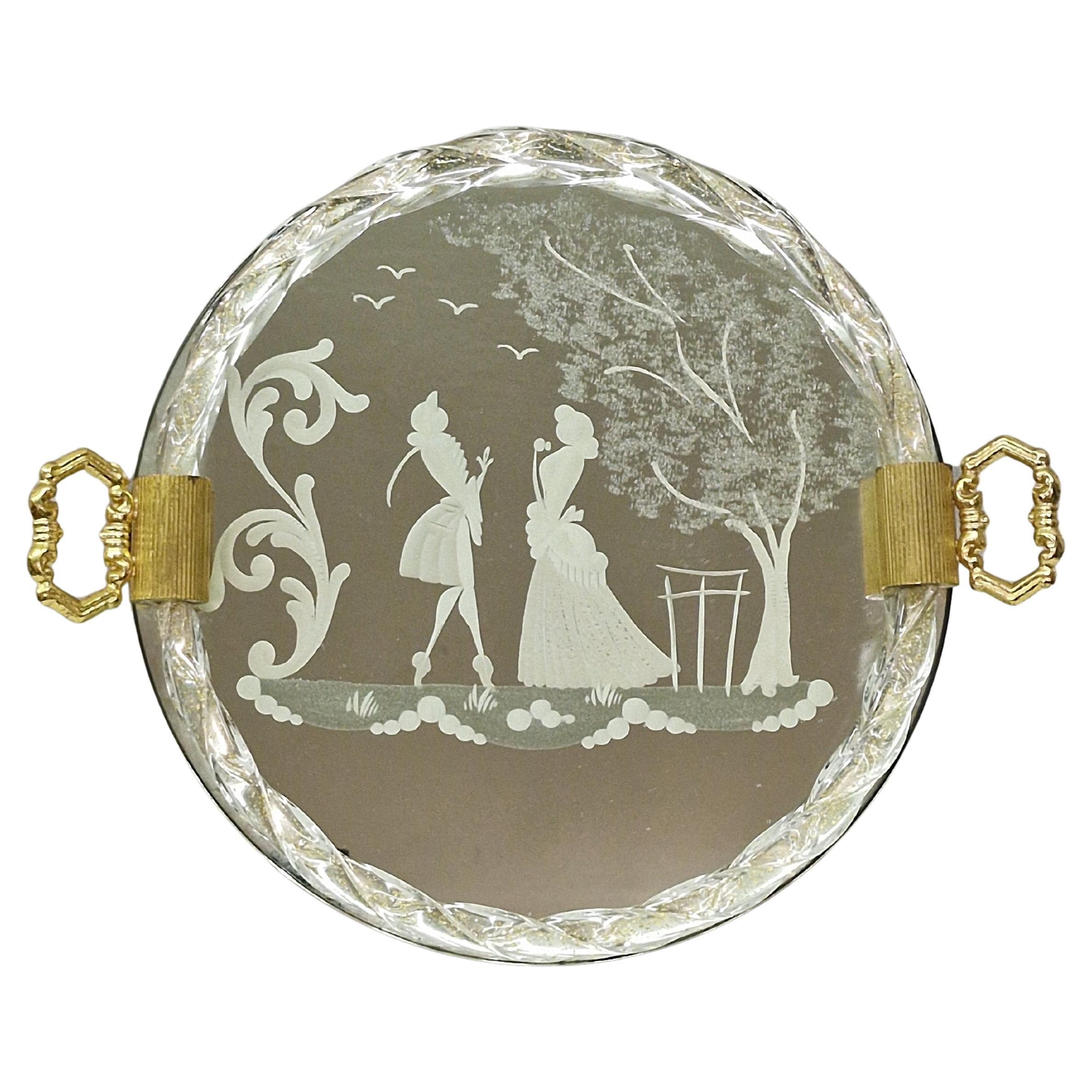 Exceptional decorative mirrored tray, hand-cut glass Barovier 1950s Murano Italy