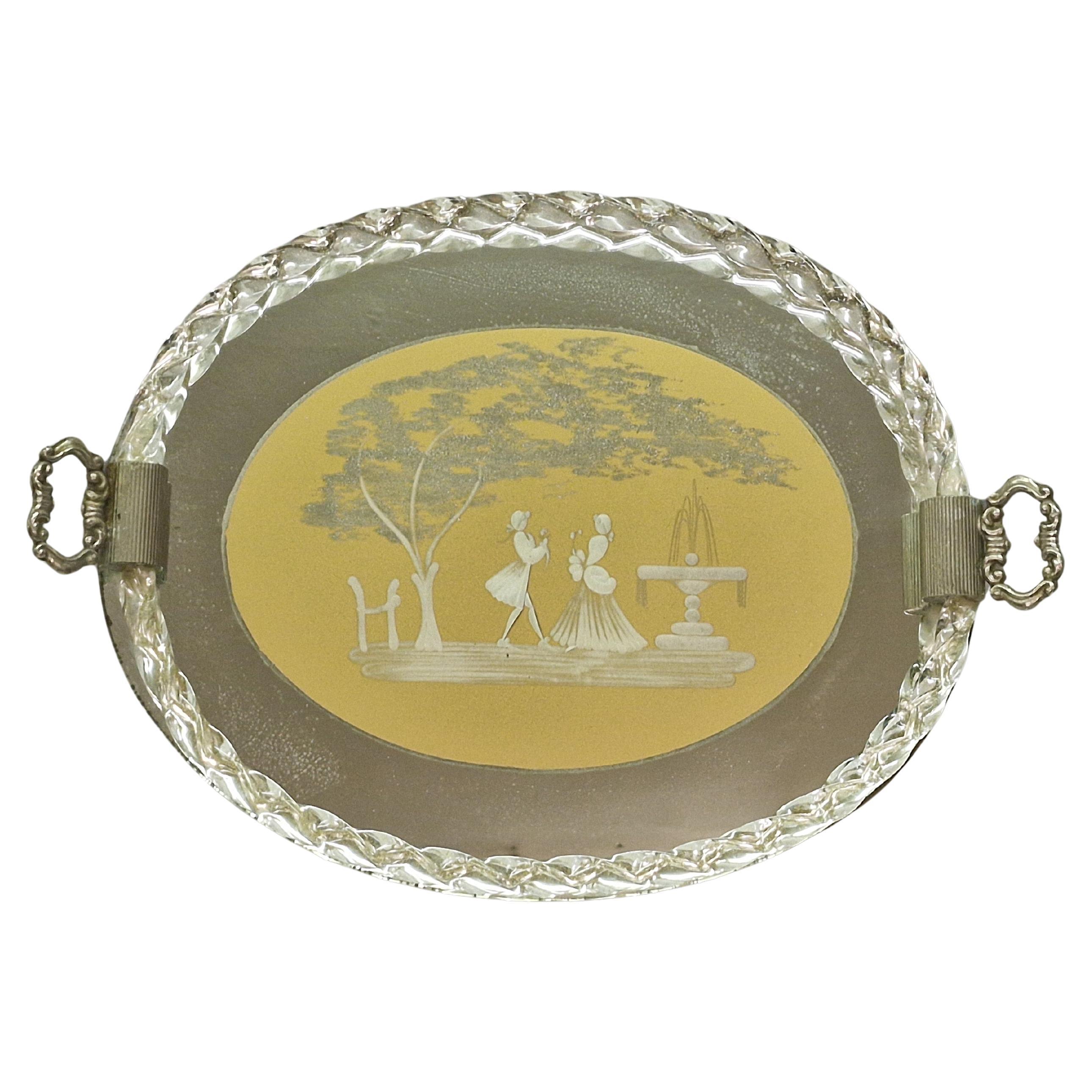 Exceptional decorative mirrored tray, hand-cut glass 1950s Barovier Murano Italy