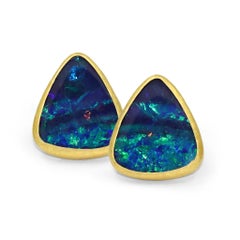 Exceptional Deep Blue Opal Doublet 22k Gold Handmade Stud Earrings, Petra Class