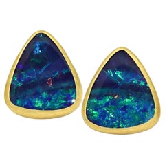Exceptional Deep Blue Opal Doublet 22k Gold Handmade Stud Earrings, Petra Class