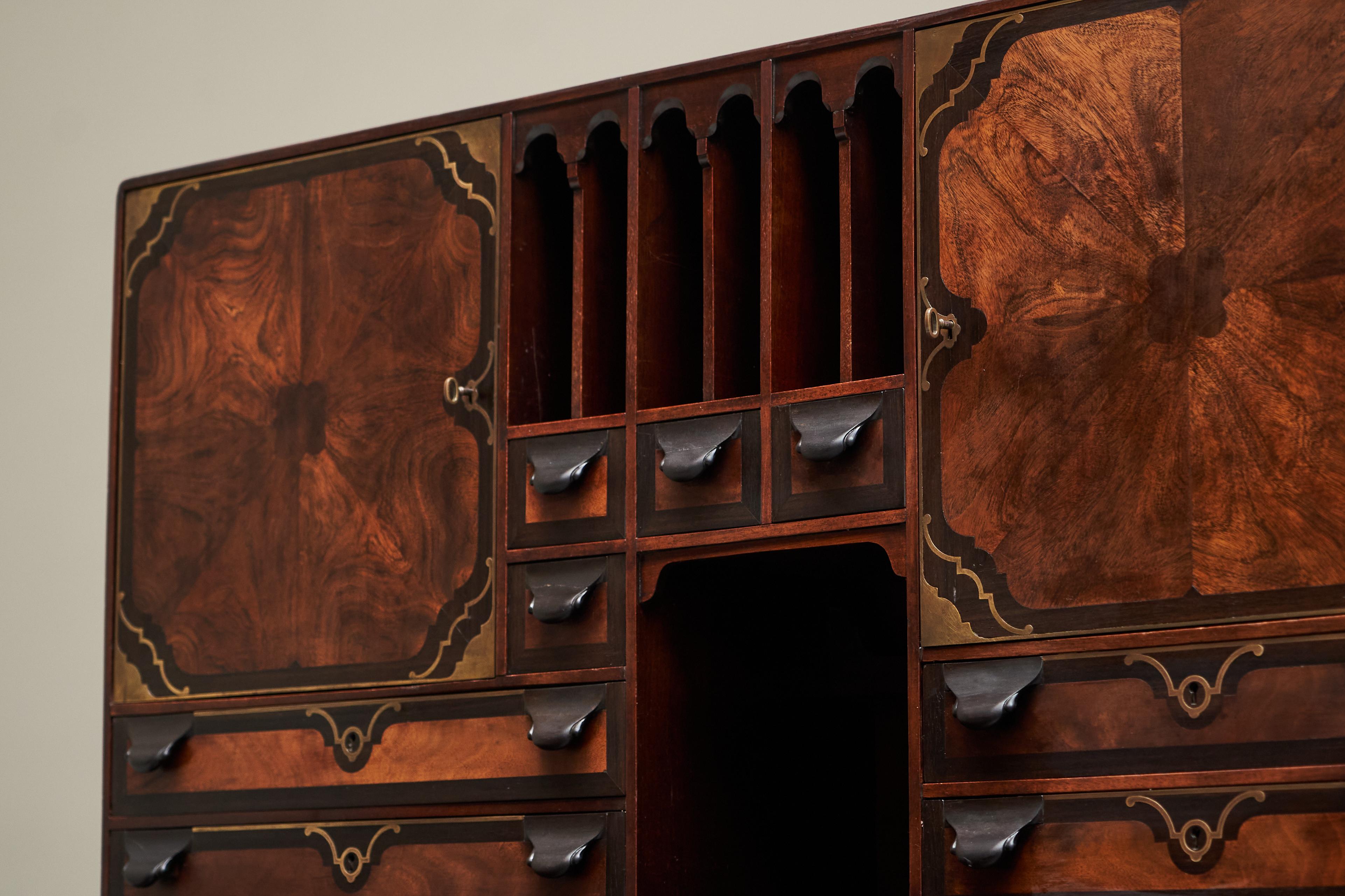 Hand-Crafted Exceptional Desk in Mahogany, Walnut, Ebony and Brass Early 20th Century For Sale