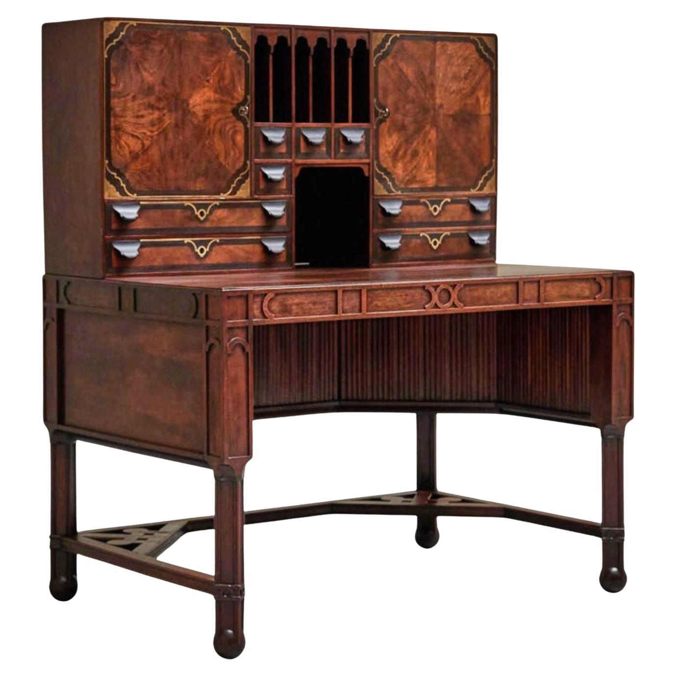 Exceptional Desk in Mahogany, Walnut, Ebony and Brass Early 20th Century For Sale