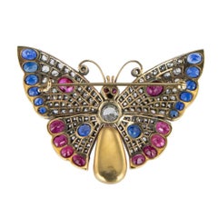 Exceptional Diamond Sapphire Ruby and Pearl Set 18 Karat Gold Butterfly Brooch