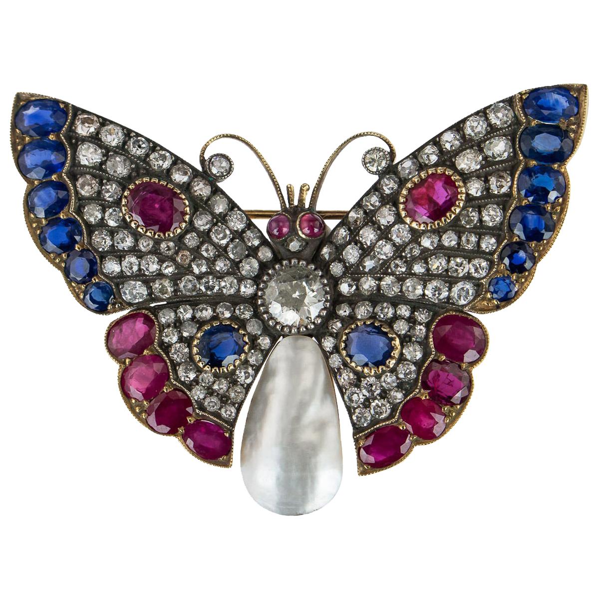 Exceptional Diamond Sapphire Ruby and Pearl Set 18 Karat Gold Butterfly Brooch For Sale