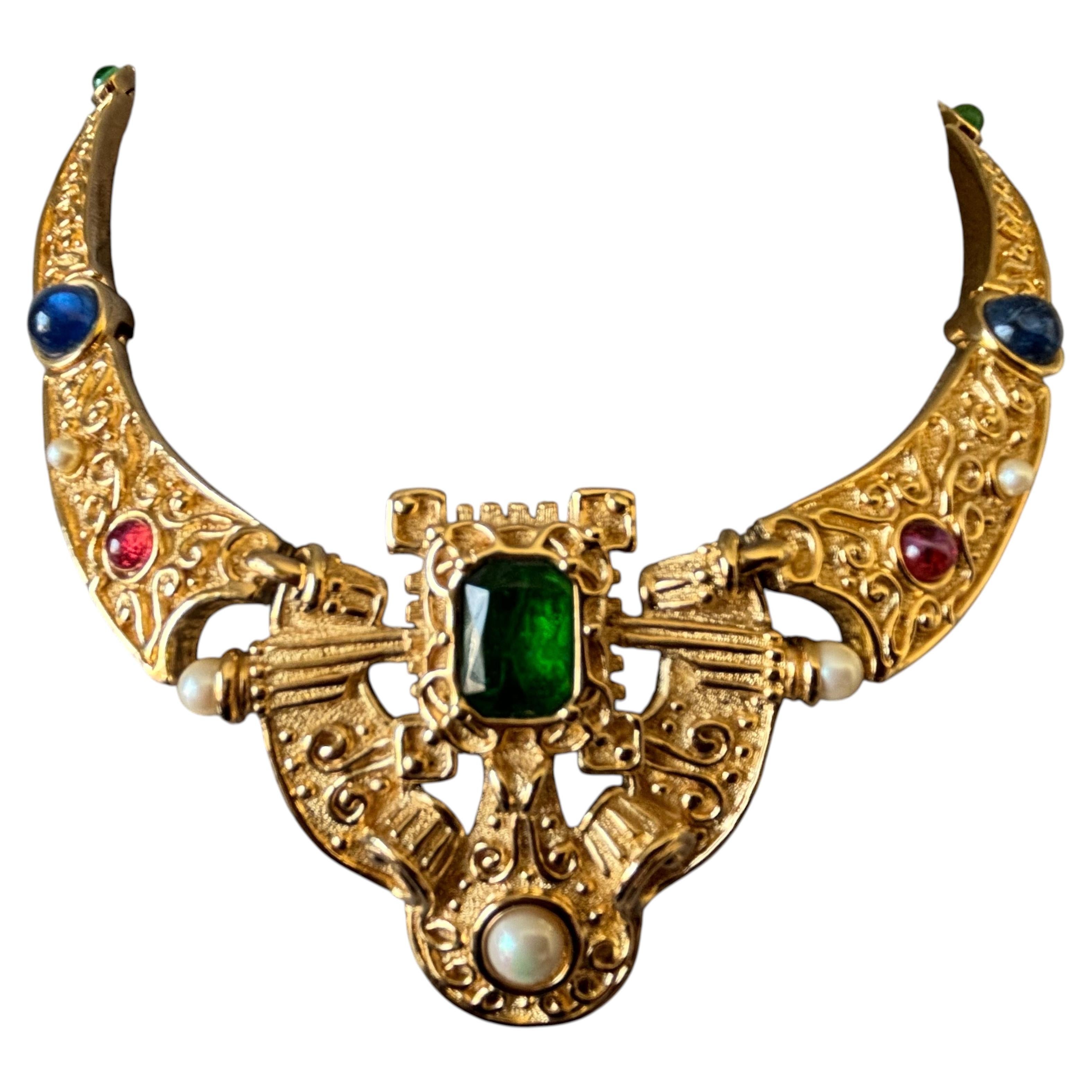 Exceptional  Dior Gilt Metal and Multicolored Cabochon Statement Necklace For Sale
