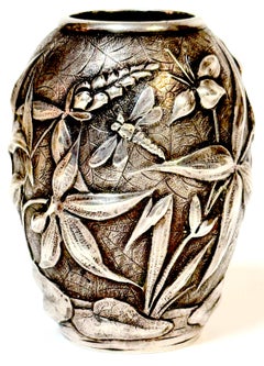 Exceptional Dominic & Haff Japonisme Sterling Cabinet Vase Dragonfly & Cobwebs