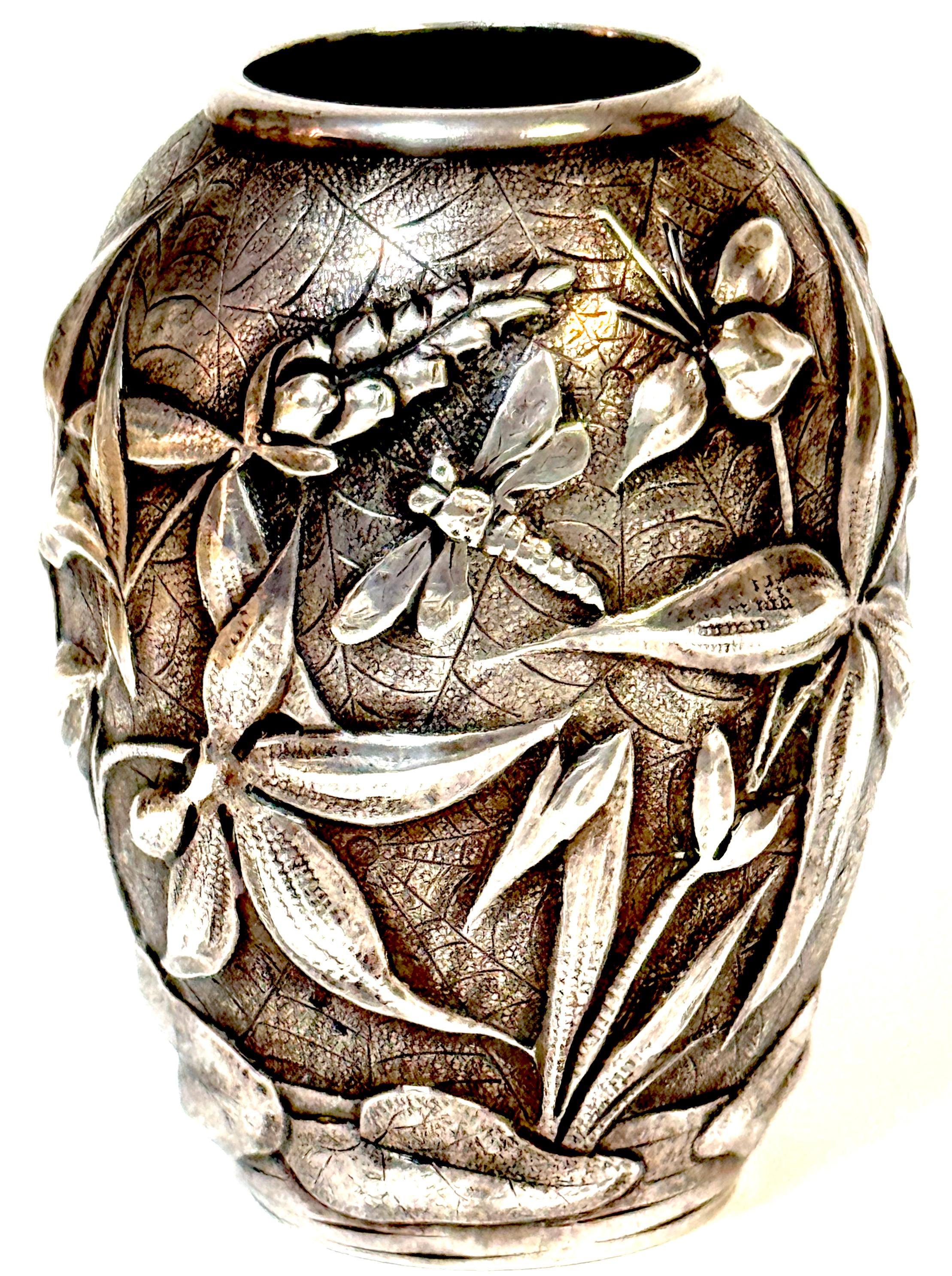 American Exceptional Dominic & Haff Japonisme Sterling Cabinet Vase Dragonfly & Cobwebs For Sale