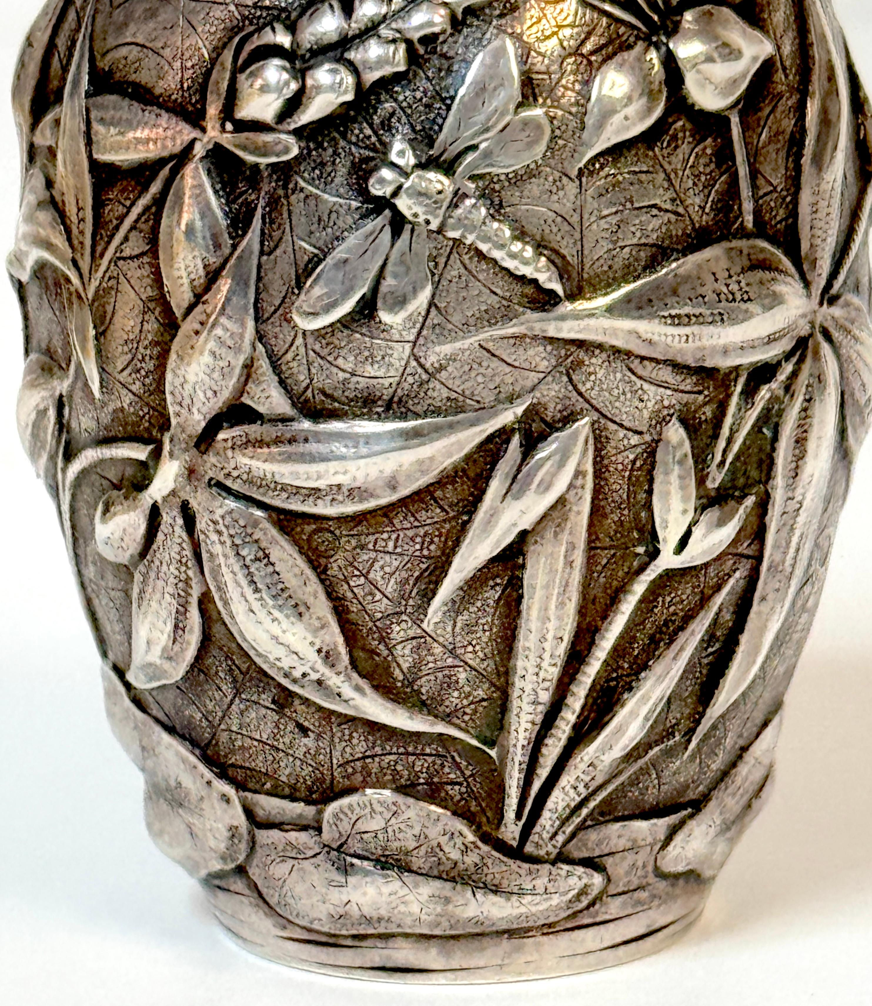 Cast Exceptional Dominic & Haff Japonisme Sterling Cabinet Vase Dragonfly & Cobwebs For Sale