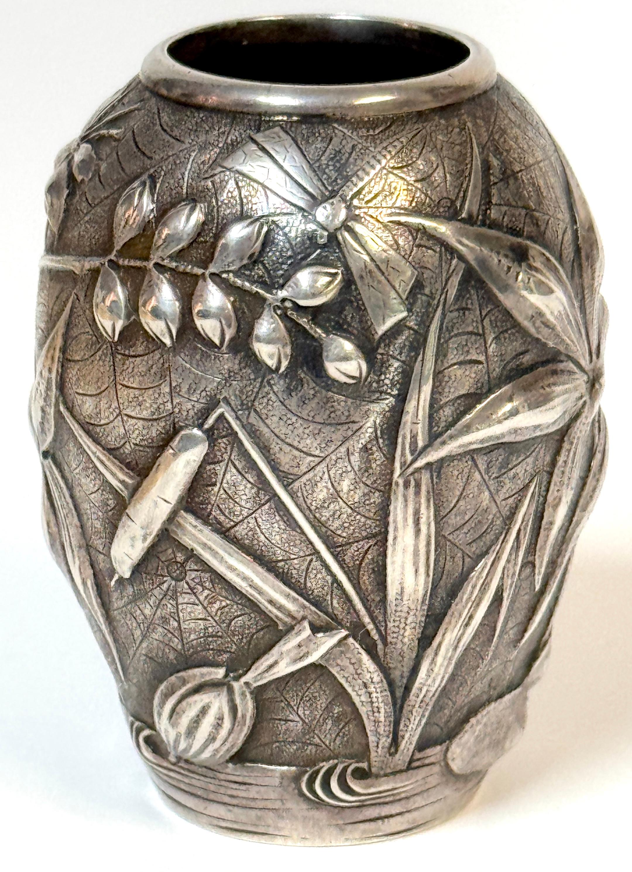 19th Century Exceptional Dominic & Haff Japonisme Sterling Cabinet Vase Dragonfly & Cobwebs For Sale