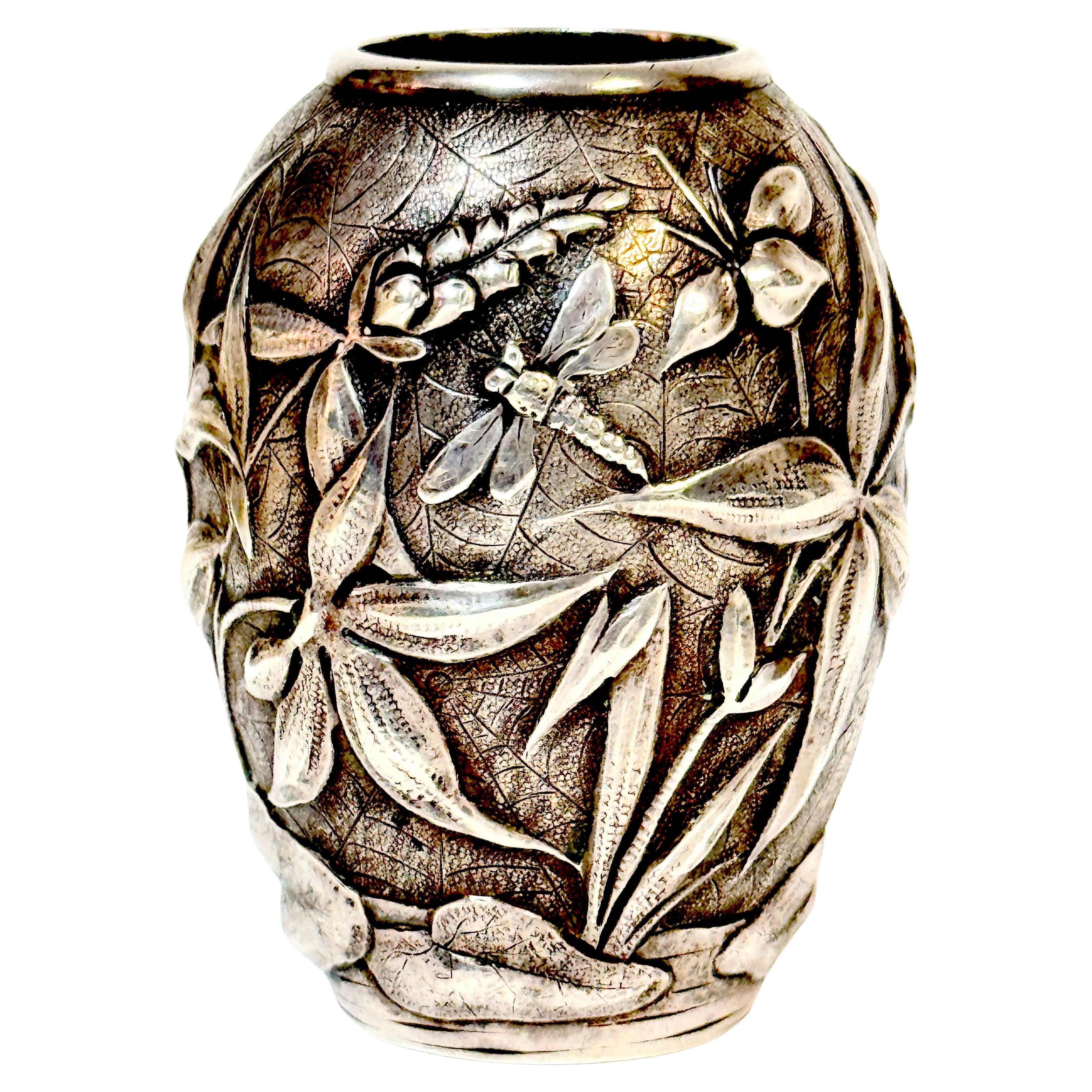 Exceptional Dominic & Haff Japonisme Sterling Cabinet Vase Dragonfly & Cobwebs For Sale