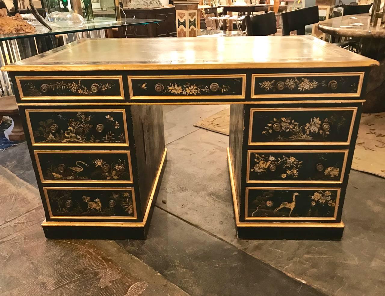 Regency Exceptional Double Pedestal Chinoiserie/Japanned Desk, 19th Century