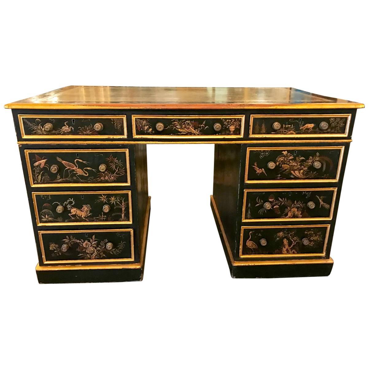 Exceptional Double Pedestal Chinoiserie/Japanned Desk, 19th Century