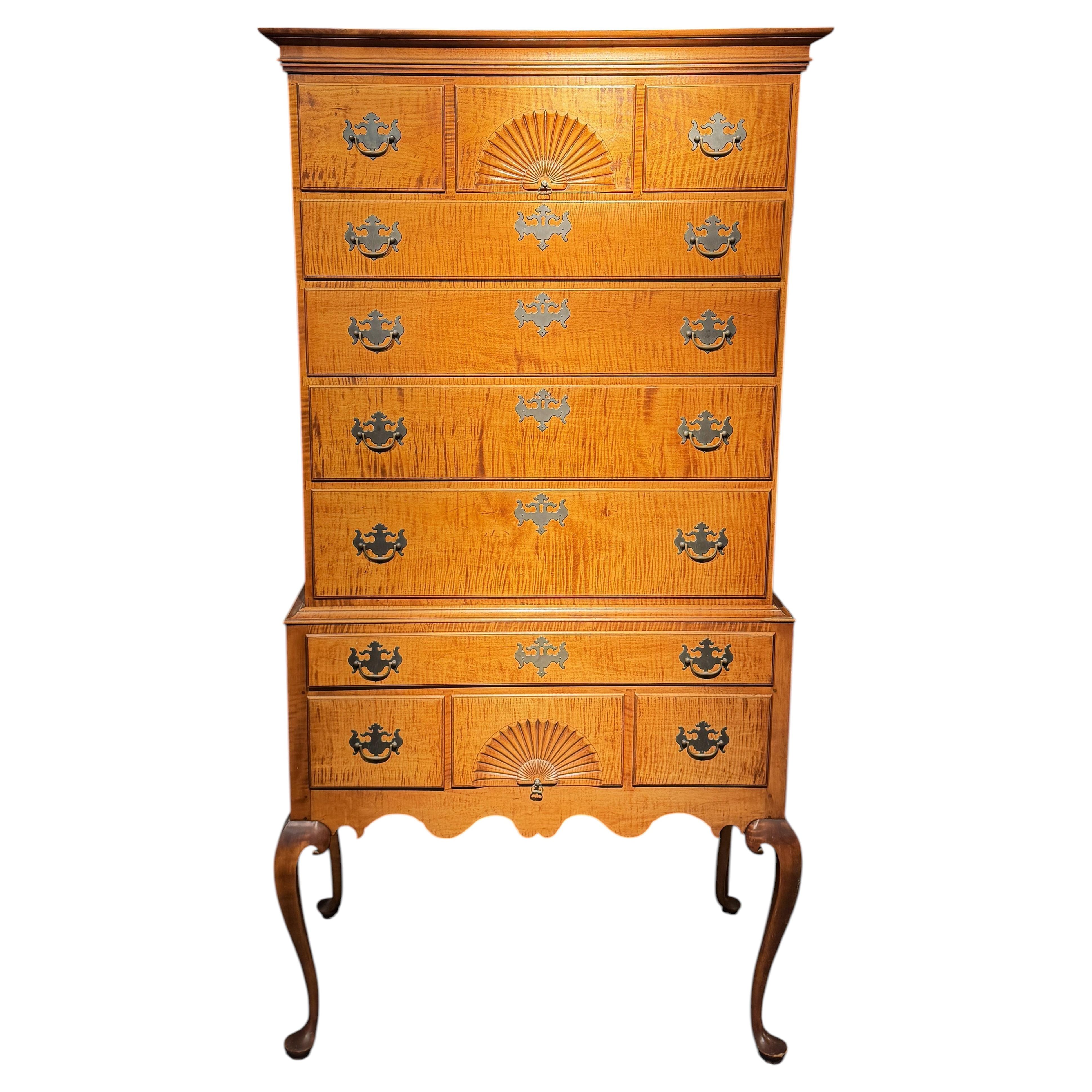Exceptional DR Dimes Two Part Tiger Maple Highboy w/ Radial Fans & Cabriole Legs For Sale
