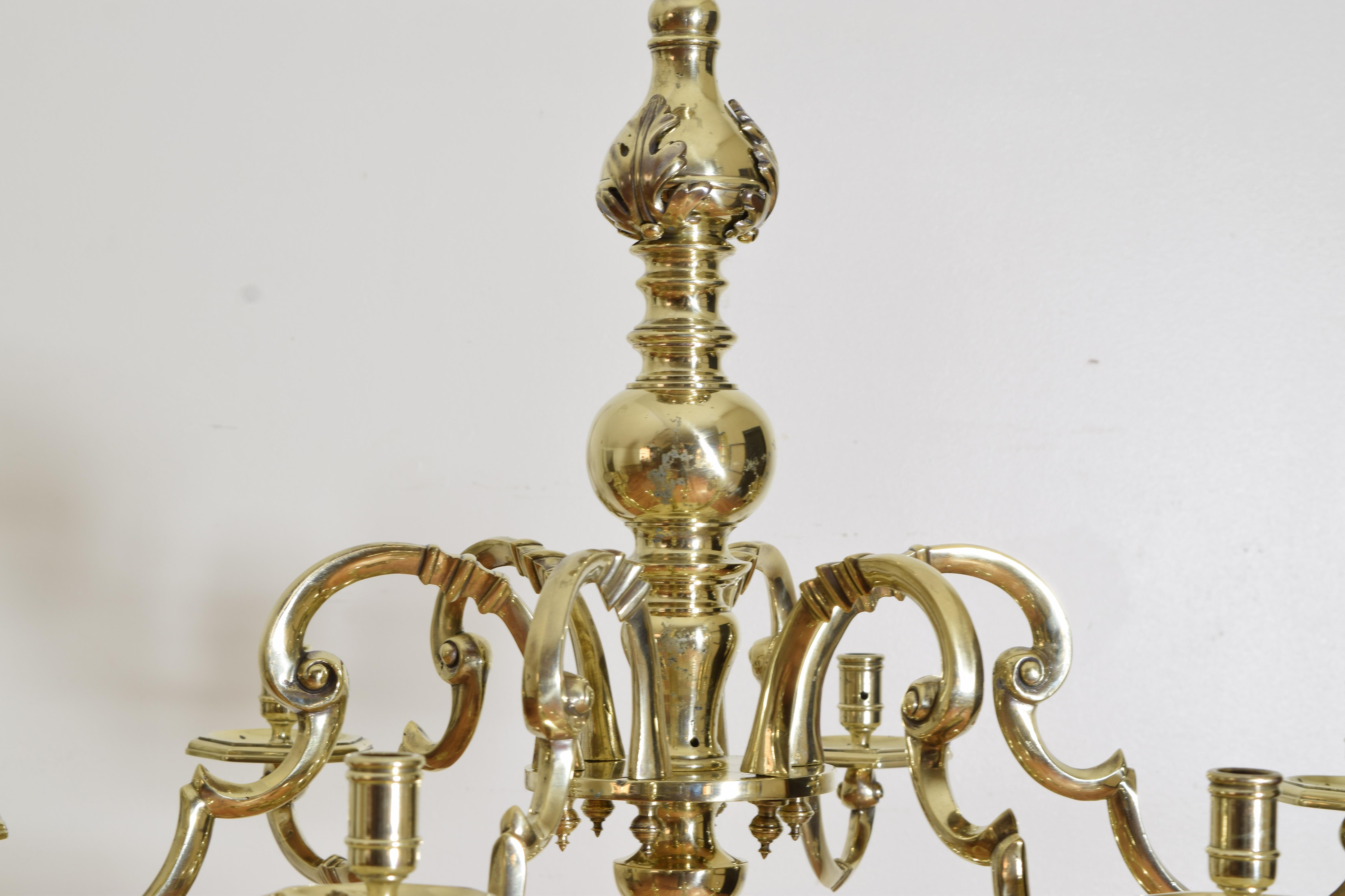 Mid-19th Century Exceptional Dutch Baroque Style 2-Tier 12 Light Brass Chandelier, 3rdq 19th cen. For Sale