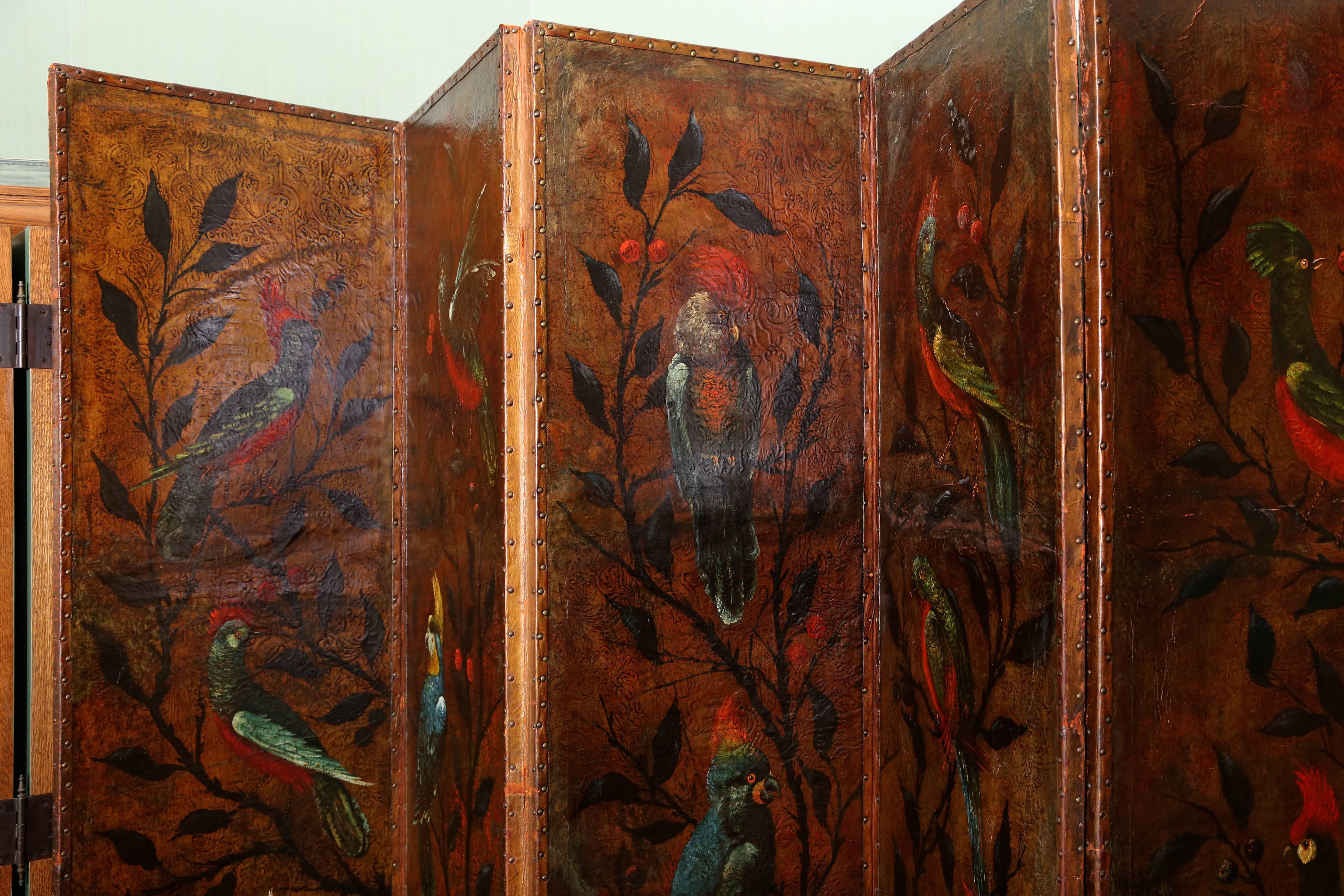 Chinoiserie Pair of Exceptional Dutch Embossed and Painted Leather Folding Screens