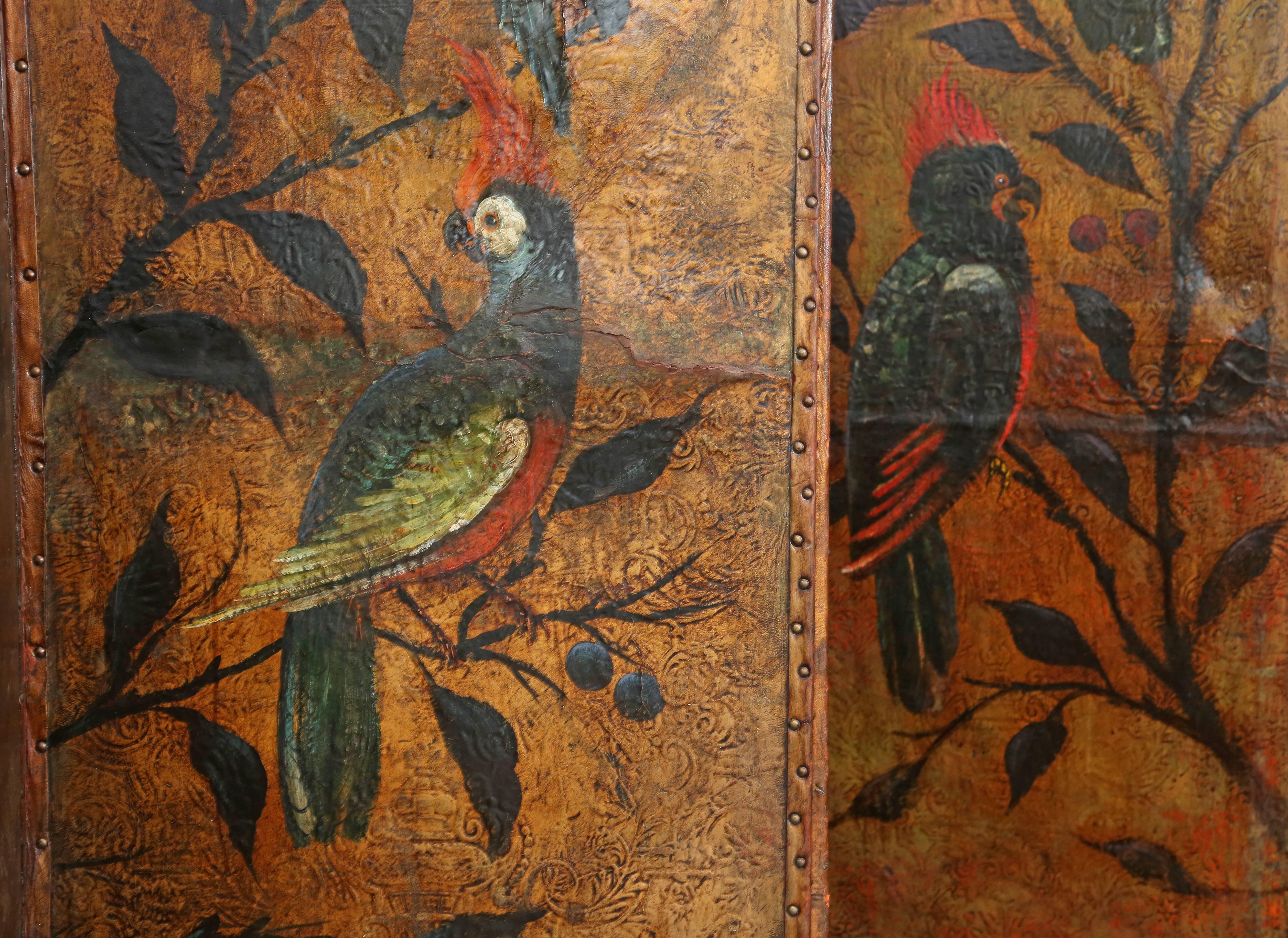 Pair of Exceptional Dutch Embossed and Painted Leather Folding Screens In Good Condition In New York, NY