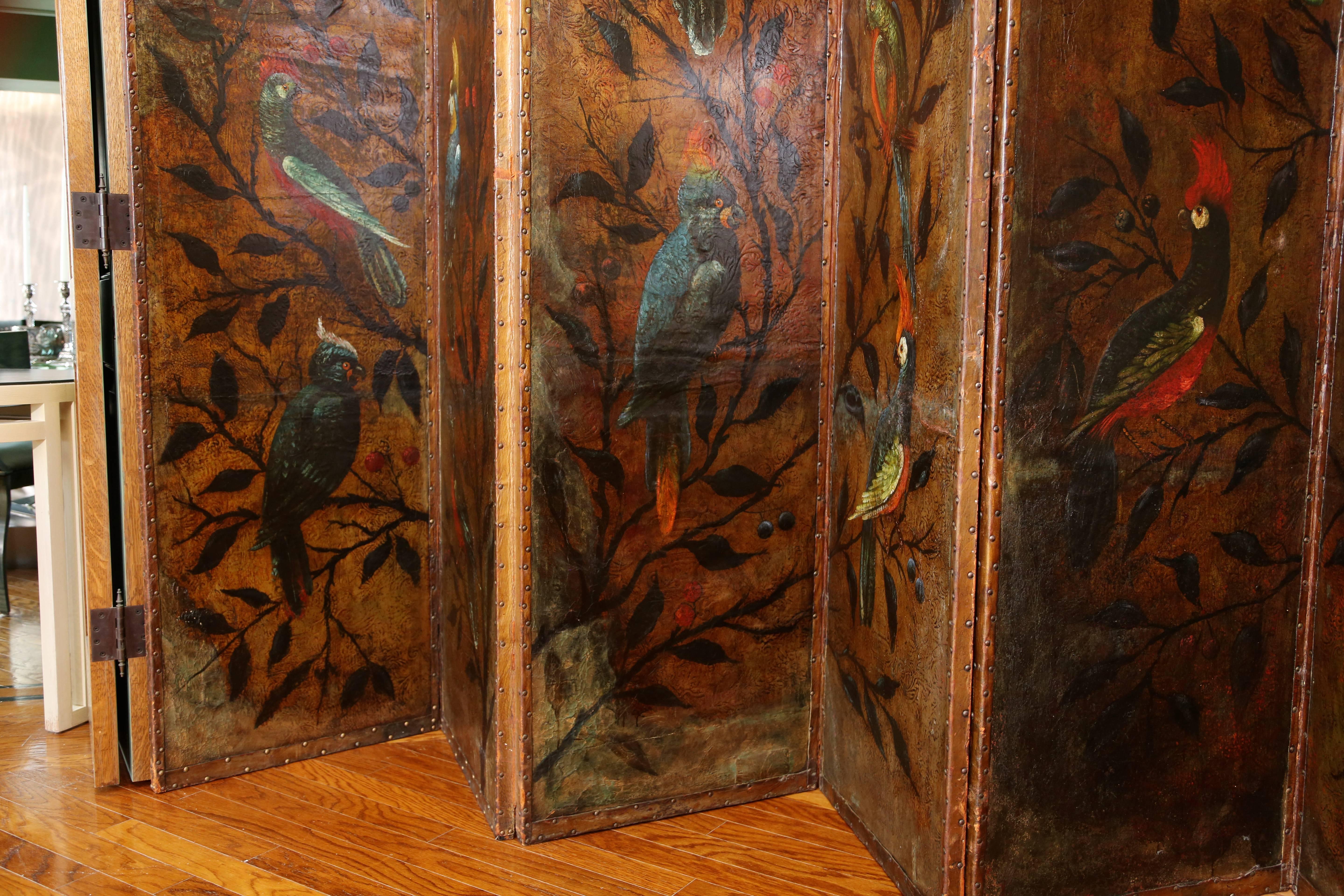 19th Century Pair of Exceptional Dutch Embossed and Painted Leather Folding Screens