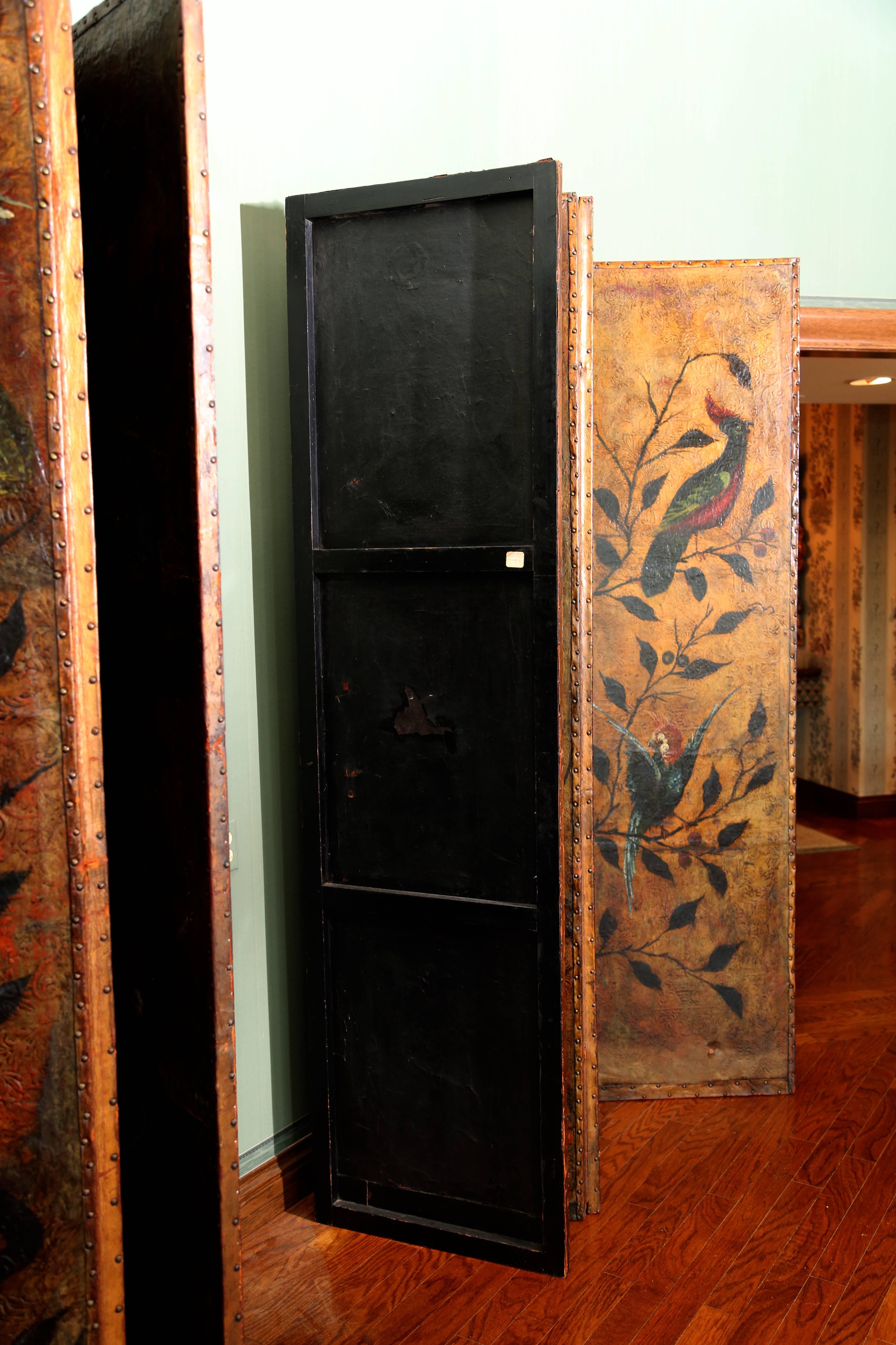 Pair of Exceptional Dutch Embossed and Painted Leather Folding Screens 1