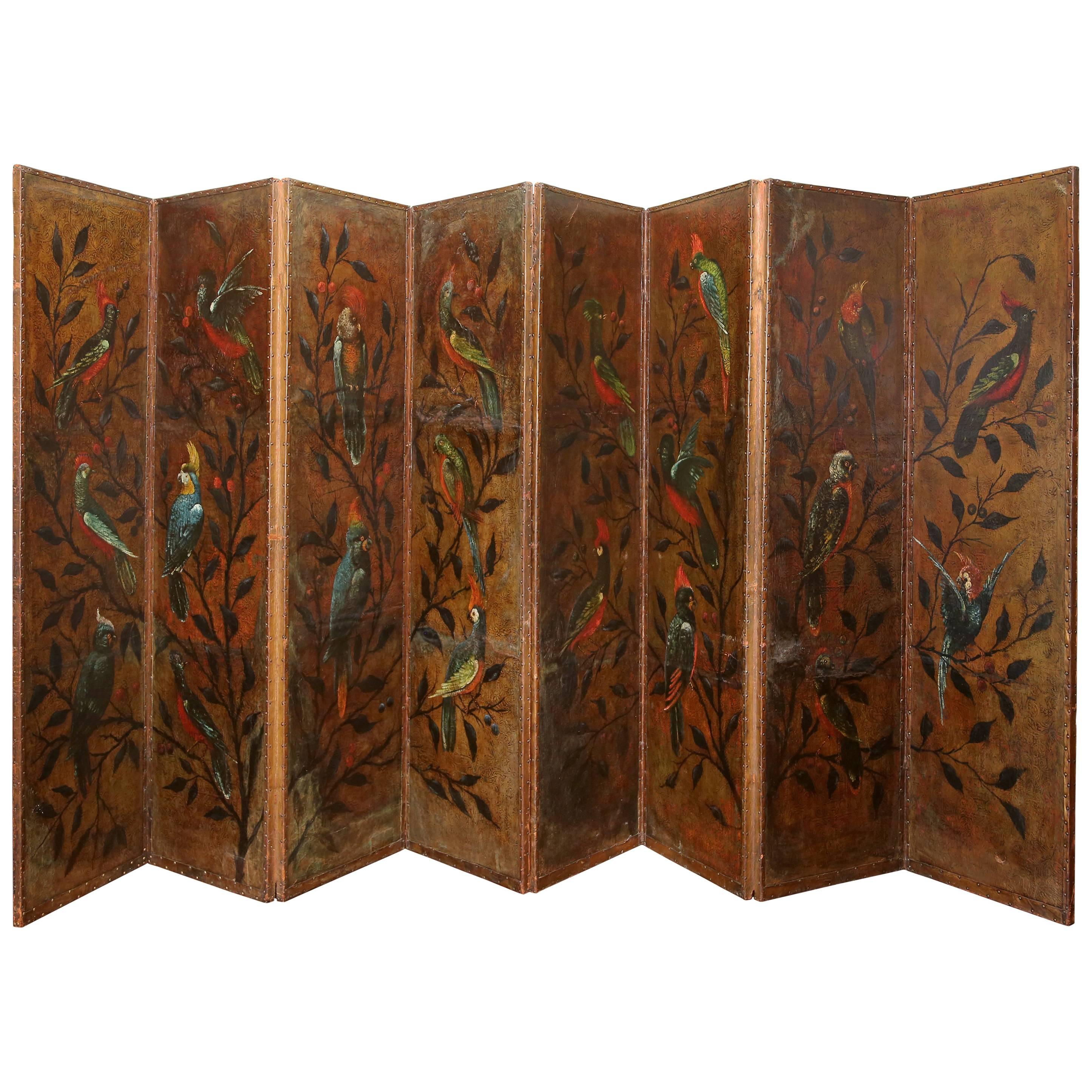 Pair of Exceptional Dutch Embossed and Painted Leather Folding Screens