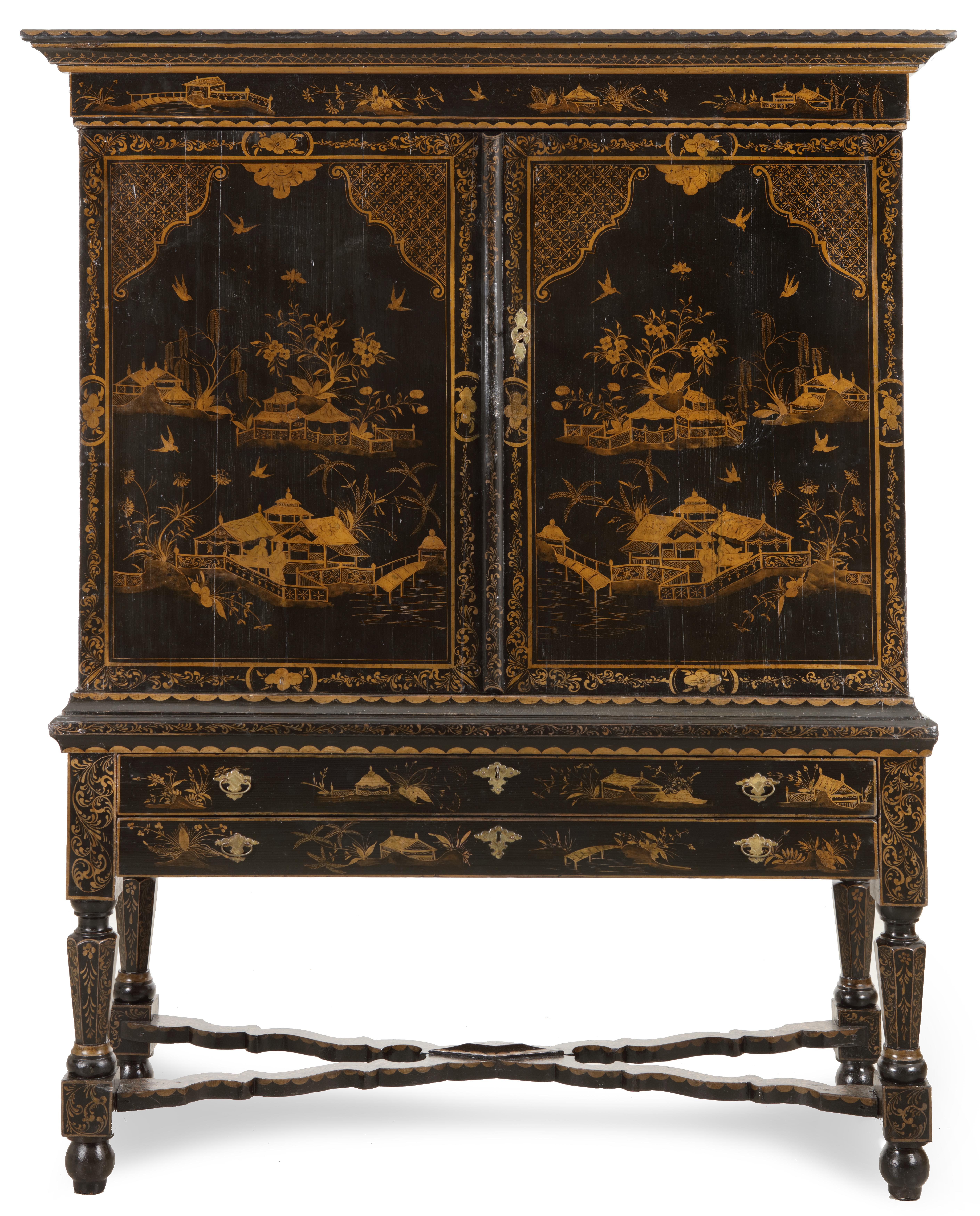 An exceptional Dutch lacquered cabinet on stand with chinoiserie decoration`

Holland, late 17th century`

Pinewood covered in black linseed-oil varnish and gold decorations of birds flying over flowering trees and pavilions at the water