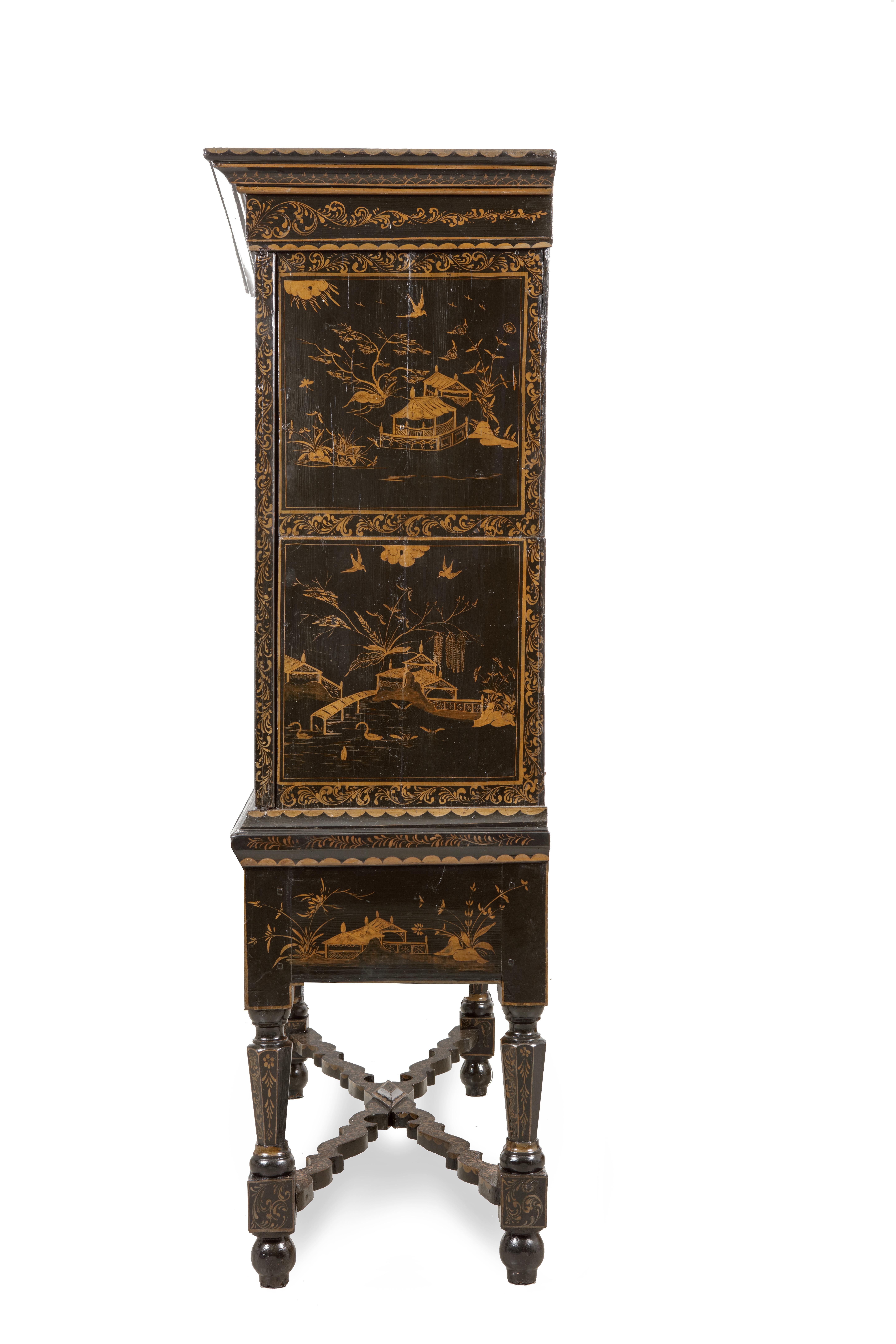 Pine Exceptional Dutch Lacquered Chinoiserie Cabinet on Stand, 17th Century