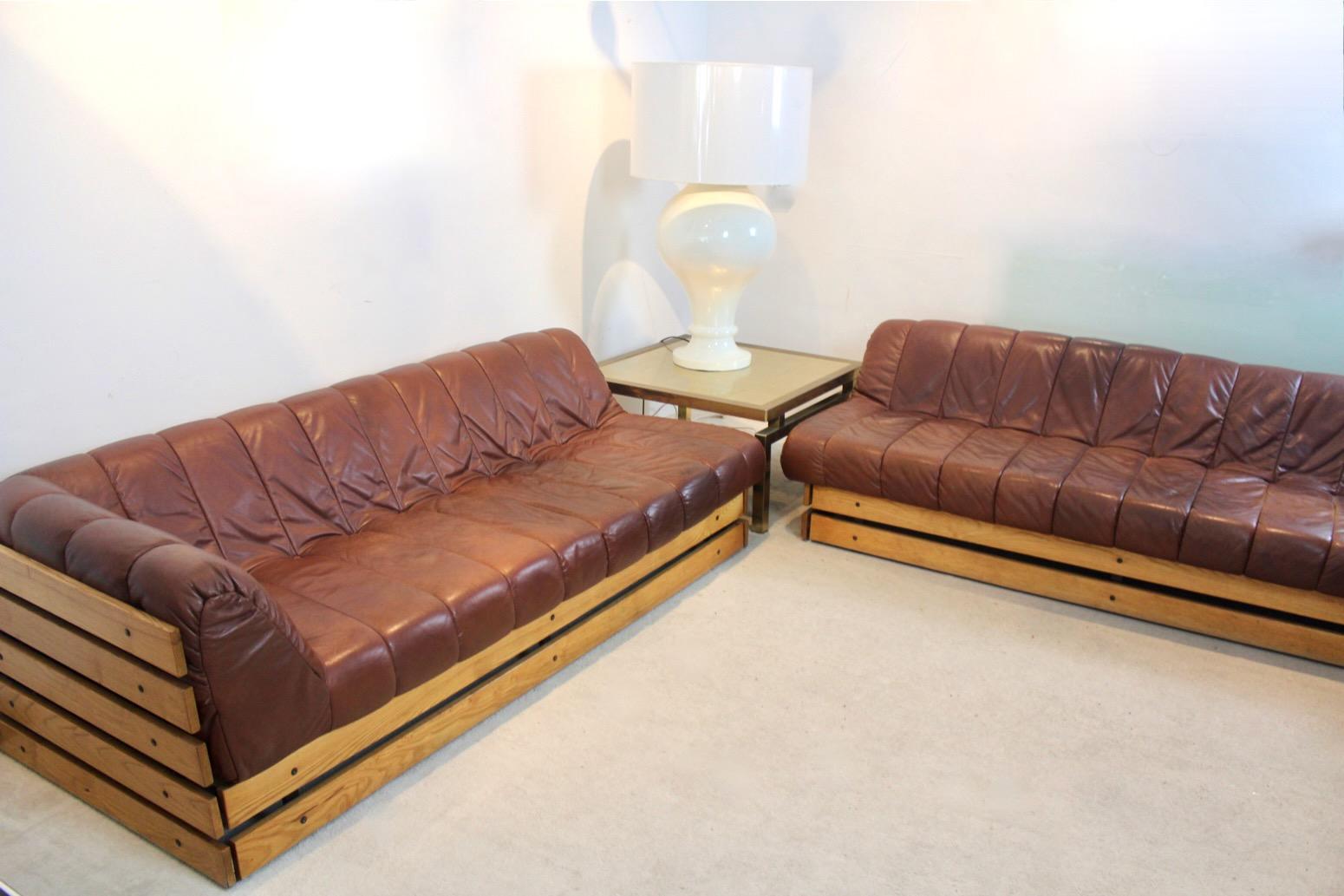 Mid-Century Modern Exceptional Dutch Lounge Sofa Set in Wood and Cognac Leather For Sale