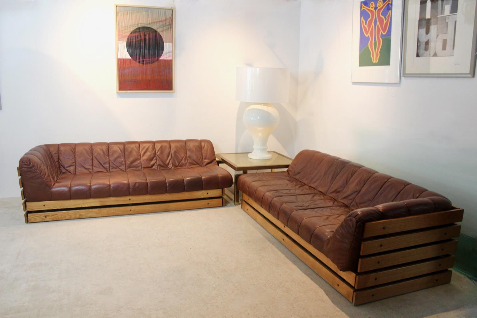 Exceptional Dutch Lounge Sofa Set in Wood and Cognac Leather For Sale 1
