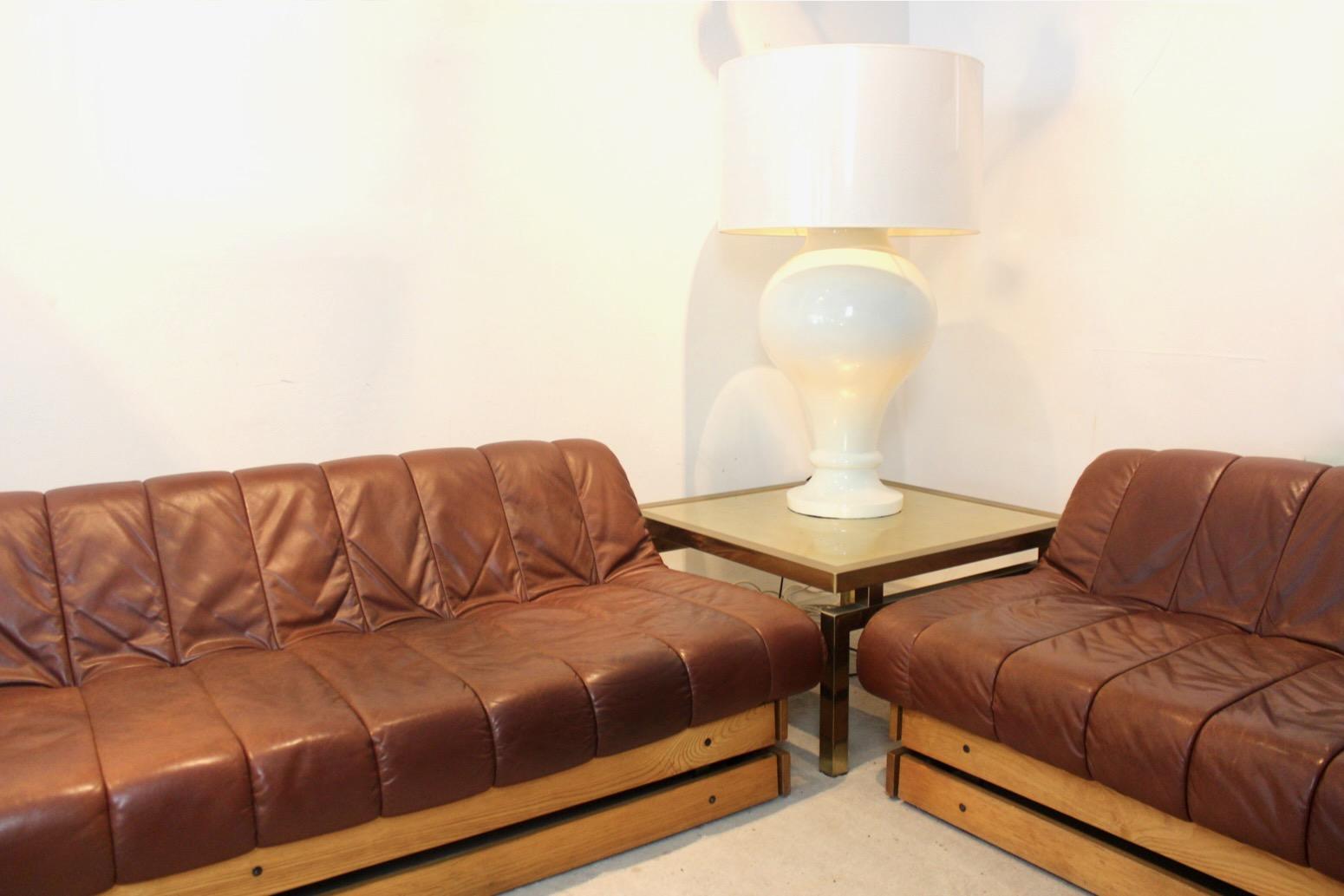 Exceptional Dutch Lounge Sofa Set in Wood and Cognac Leather For Sale 3
