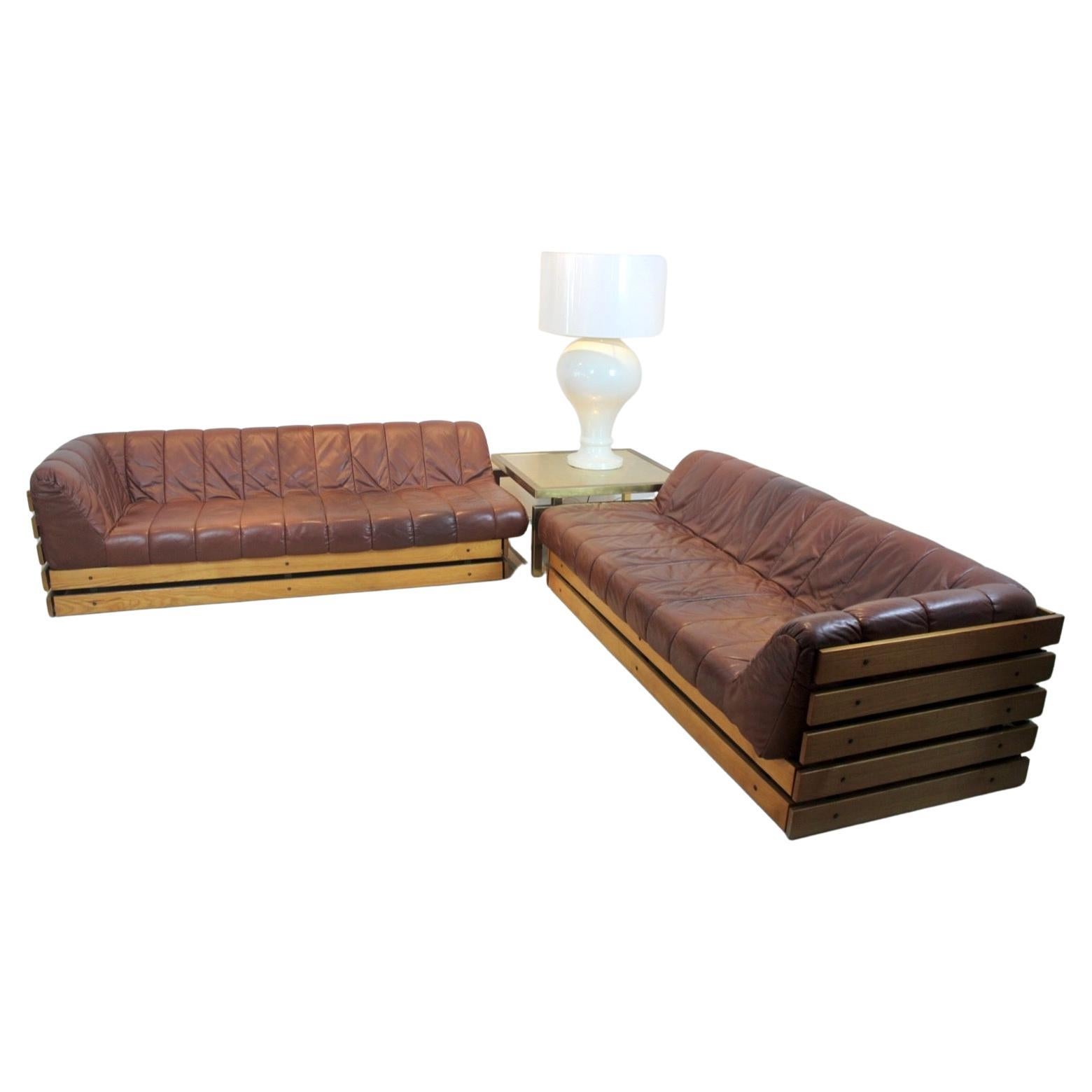 Excepcional Conjunto de Sofá Lounge Holandés de Madera y Piel Coñac