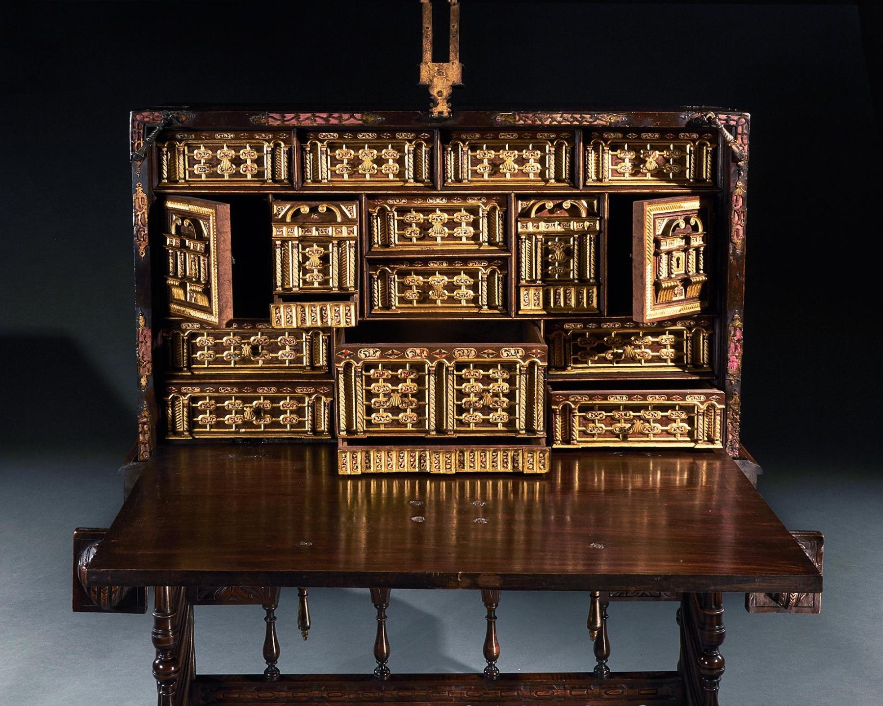 18th Century and Earlier Exceptional Early 17th Century Spanish Walnut Vargueno Desk on Stand For Sale
