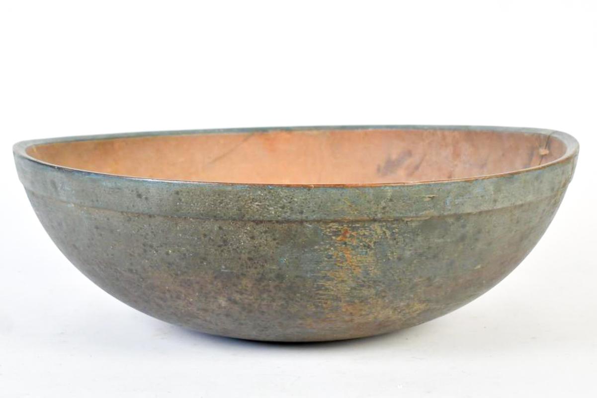 Primitive Exceptional Early 19th Century Blue Painted Chopping Bowl with Stitched Repairs For Sale
