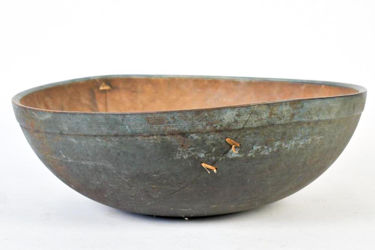 Exceptional Early 19th Century Blue Painted Chopping Bowl with Stitched Repairs In Good Condition For Sale In Bonita Springs, FL