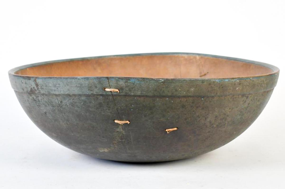 Hardwood Exceptional Early 19th Century Blue Painted Chopping Bowl with Stitched Repairs For Sale