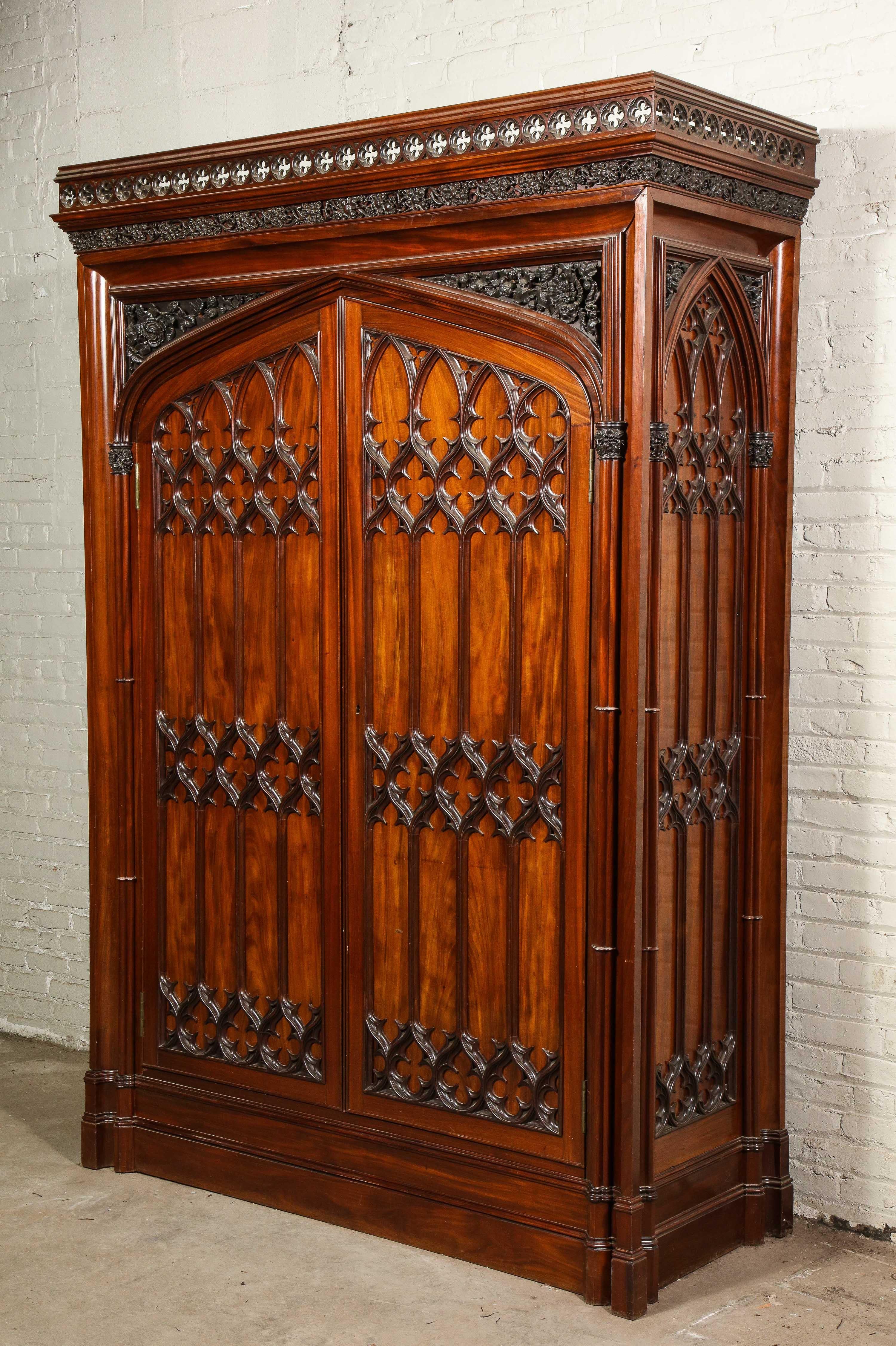 Exceptional Early 19th Century English Gothic Wardrobe in Mahogany For Sale
