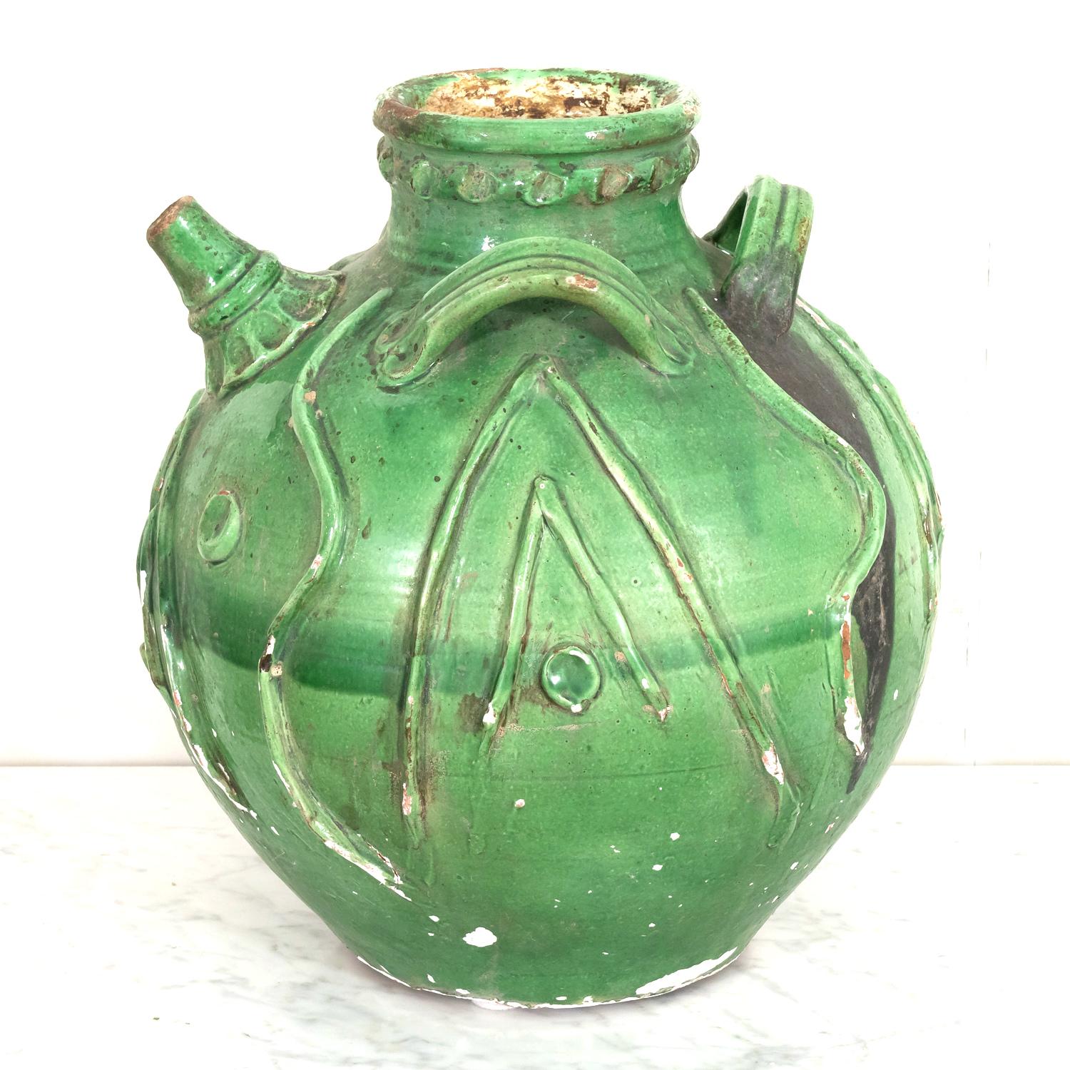 Exceptional Early 19th Century French Glazed Terracotta Walnut Oil Jug For Sale 6